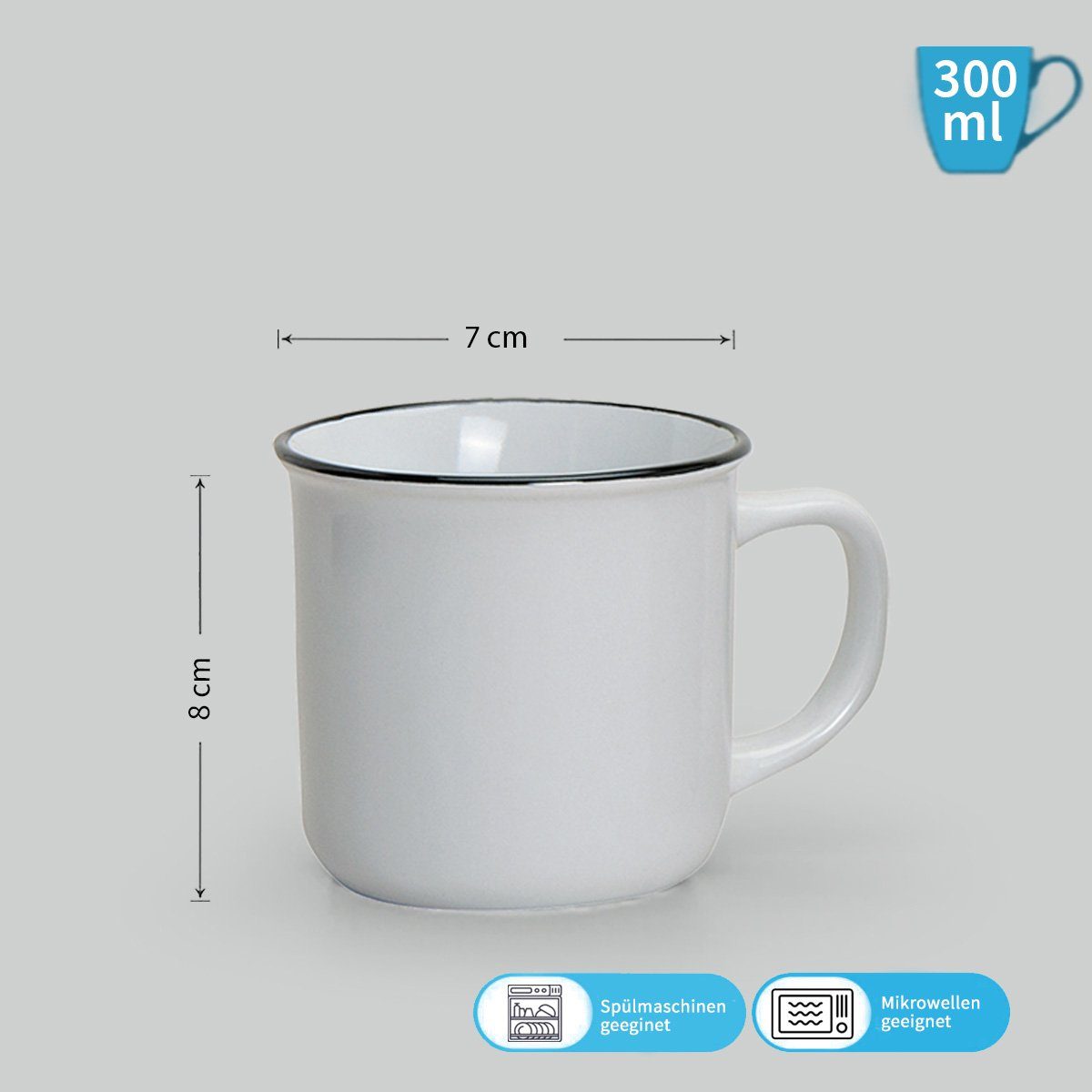 matches21 HOME & HOBBY Tasse Kaffeebecher 6er Set Emaille-Optik einfarbig Vintage, 6-tlg., Keramik, Tee Kaffee-Becher, modern, beige braun weiss grau, 240 ml