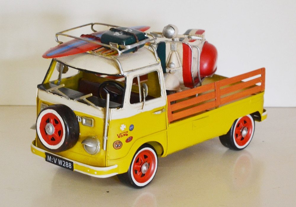 Modellbus Blechbus Urlaubs Camping Bulli in gelb Oldtimer L 26 cm Modellbus