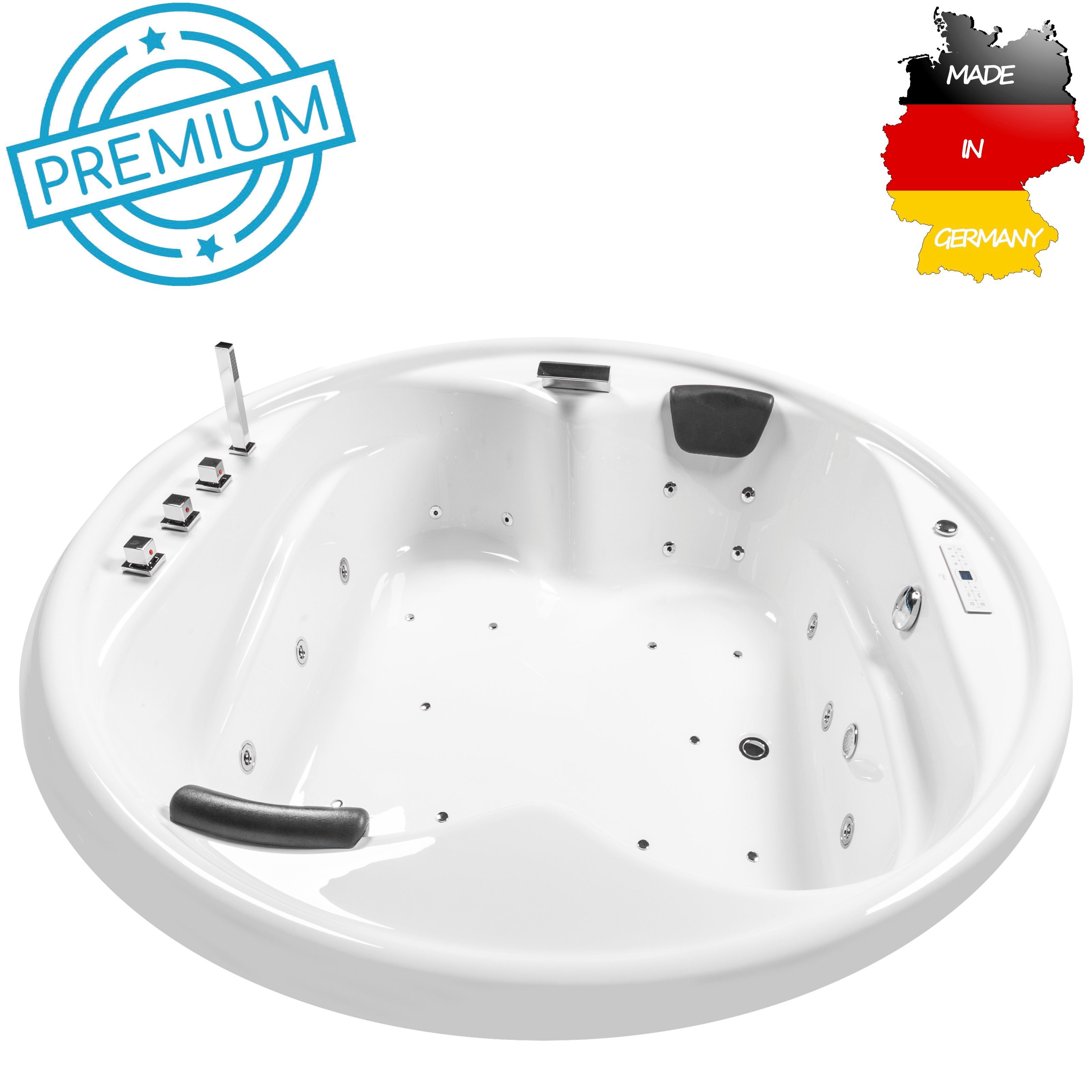 Basera® Whirlpool-Badewanne PREMIUM Indoor Podest-Whirlpool Badewanne XXL Gomera Rund 182 x 182 cm, (Komplett-Set), mit 28 Massagedüsen, Heizung, Wasserdesinfektion, Bodenansaugung, W...
