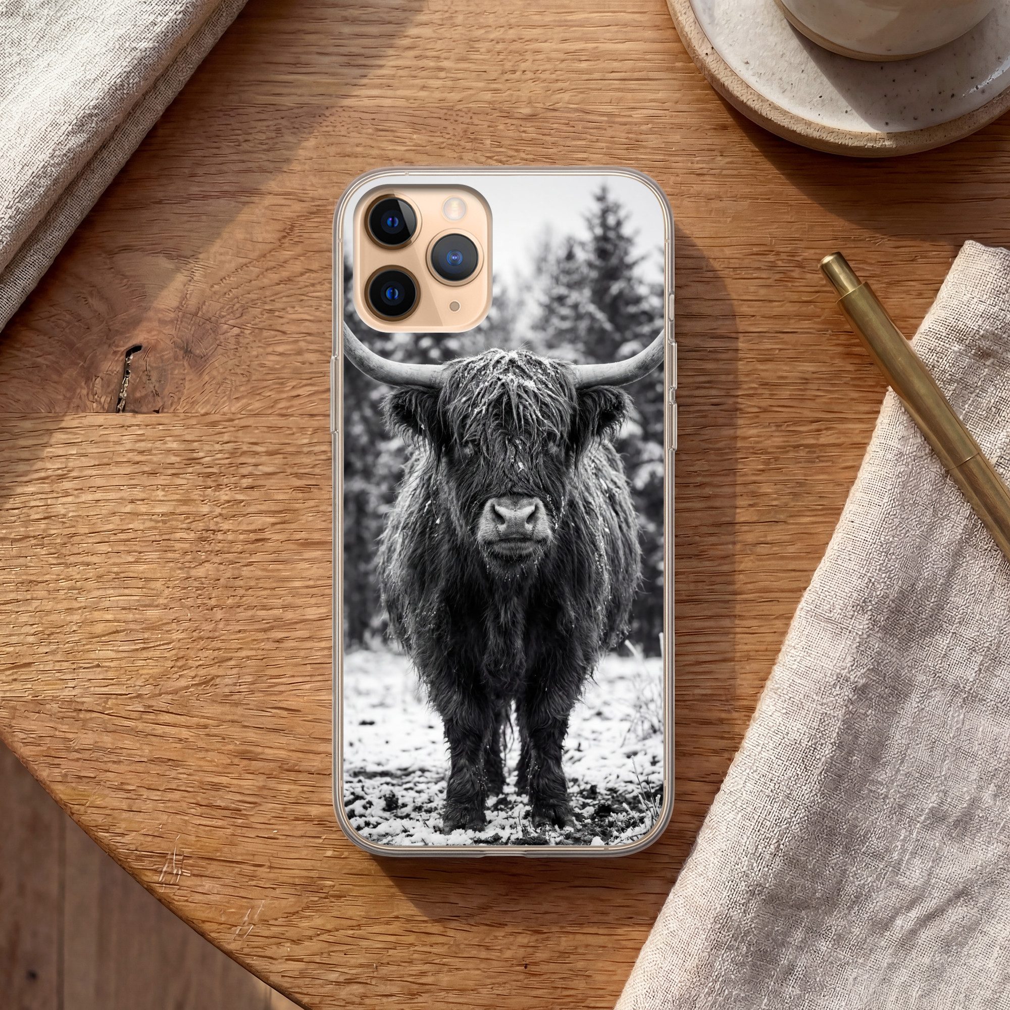 MuchoWow Handyhülle für Apple iPhone 11 Pro Max Schottischer Highlander - Schwarz - Weiß -, Smartphone-Bumper, Print, Handy Schutzhülle Dünn
