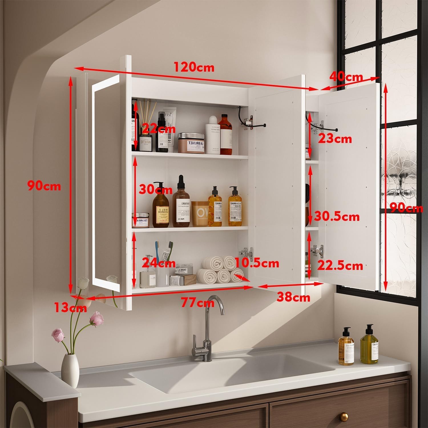 FUFU&GAGA Badezimmerspiegelschrank Spiegelschrank 120cm LED Touch, 3 Türen, Badezimmer Badschrank, Weiß – Bild 5 von 5