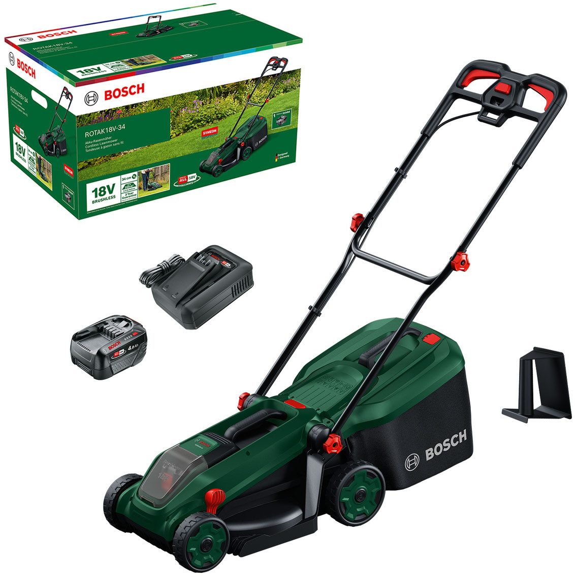 Bosch Home & Garden Akkurasenmäher ROTAK18V-34, 34 cm Schnittbreite, (inkl. Akku und Ladegerät), Kraftvoller 3-in-1-Mäher für kleine bis mittelgroße Rasenflächen
