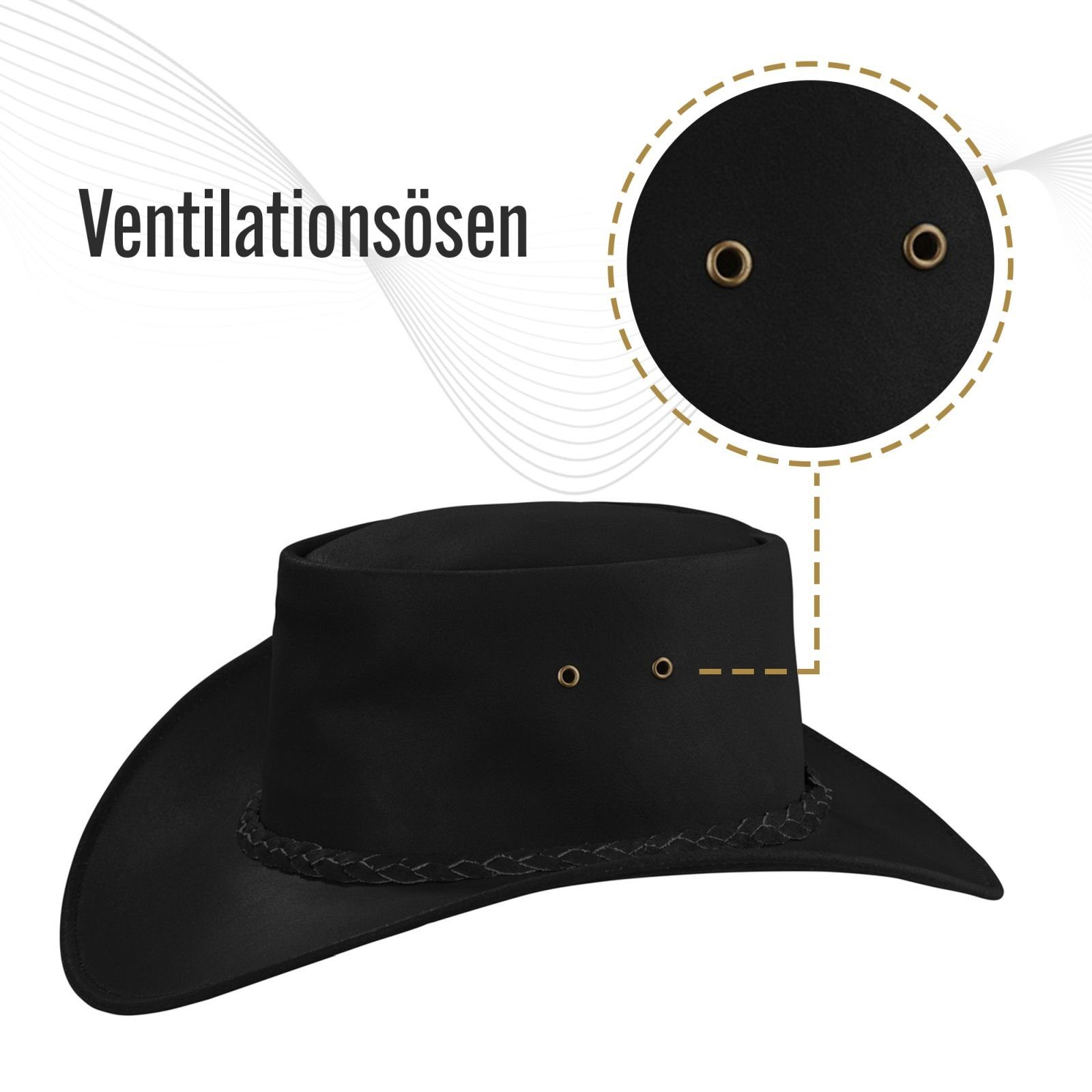 BLACK FOREST FOX Cowboyhut MELBOURNE Unisex Cowboy Western Wickel Rindsleder Hut Black Größe S