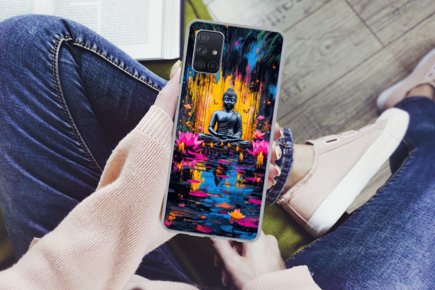 MuchoWow Handyhülle für Samsung Galaxy A51 Buddha - Blumen - Kerzen - Gelb, Smartphone-Bumper, Print, Handy Schutzhülle Dünn
