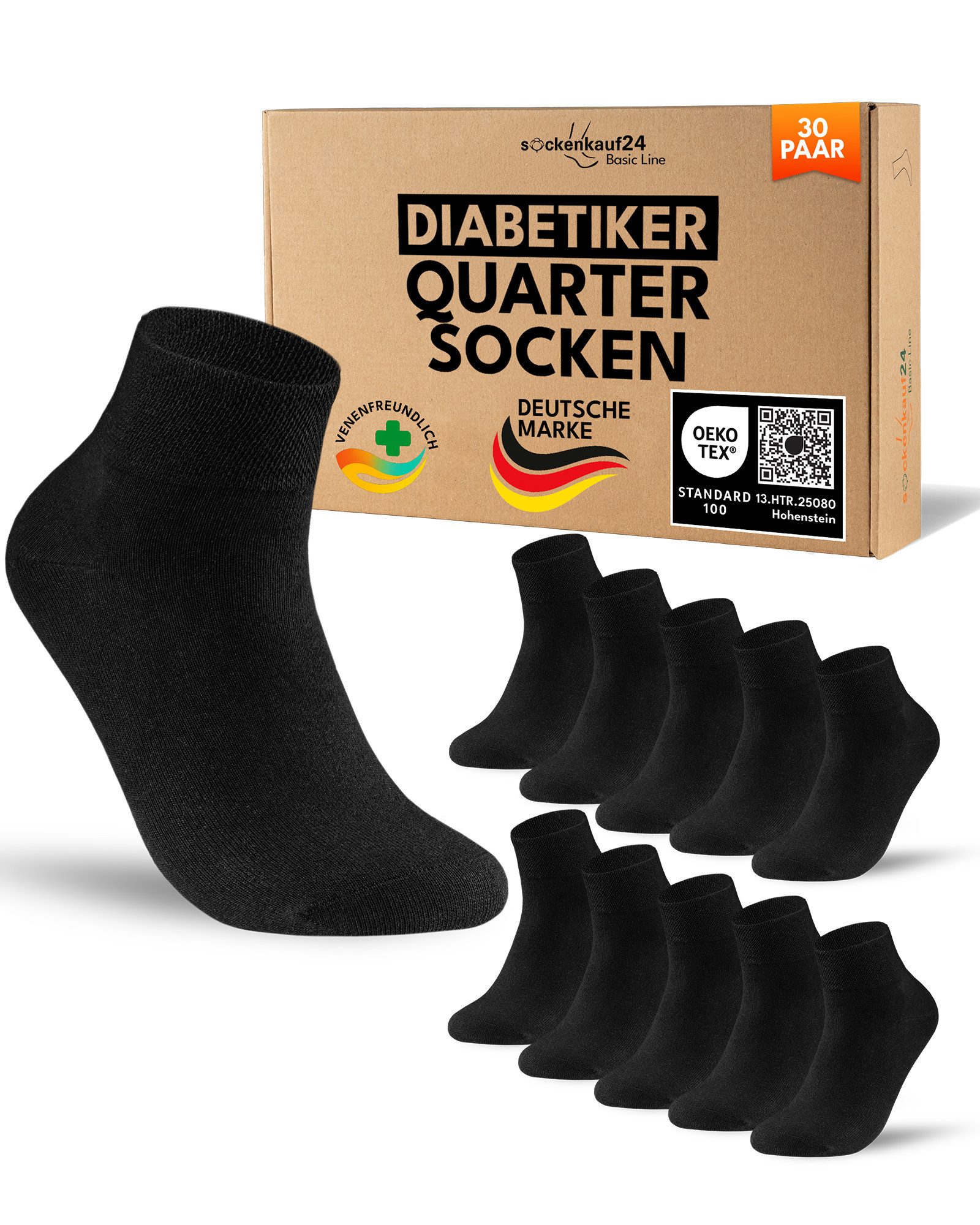 sockenkauf24 Diabetikersocken kurz ohne Gummibund & ohne Naht Quarter Diabetiker Socken Baumwolle (Set, 30-Paar) Diabetiker Socken mit Komfortbund ohne Gummi für Damen & Herren