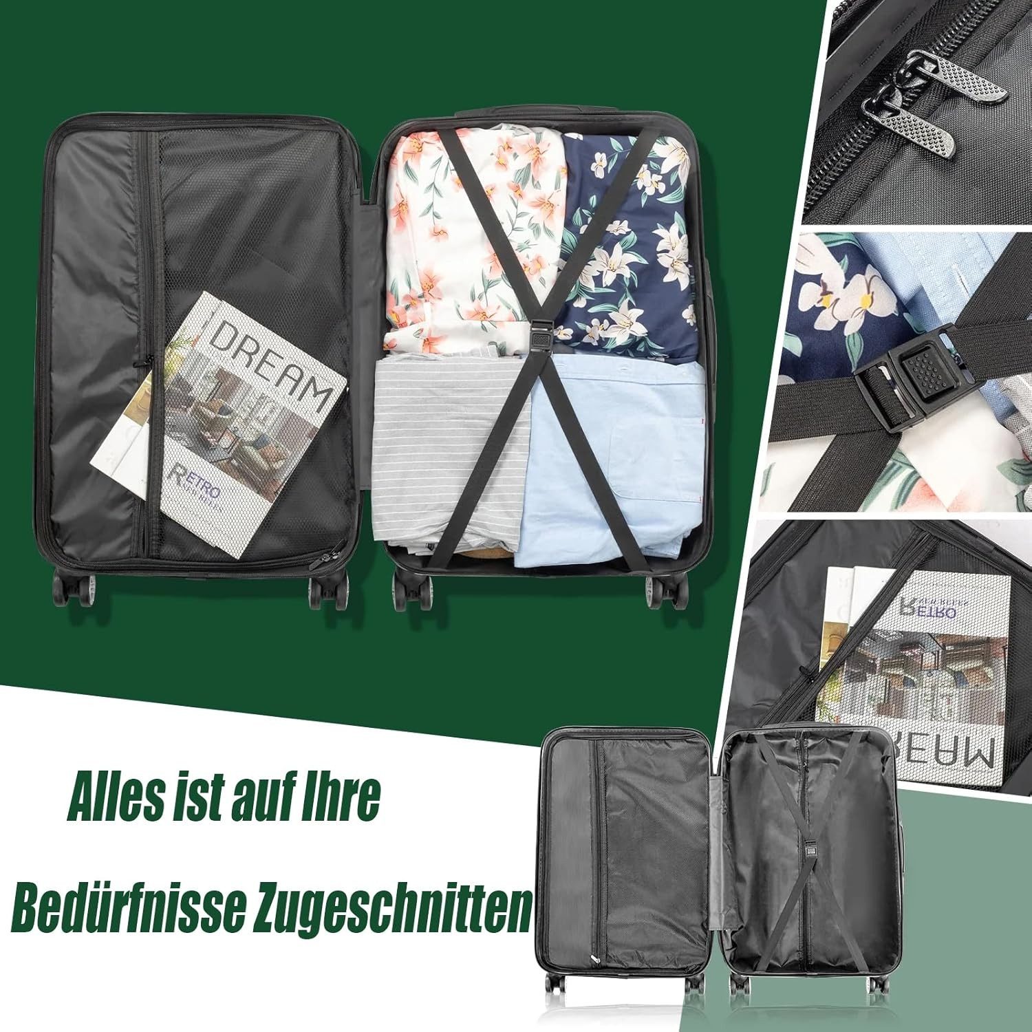 LALAHO Trolley Kofferset Hartschale Reisekoffer, 360° Rollen, 4 Rollen, 5er Set Handgepäck, Koffer, mit Kosmetikkoffer, Schwarz