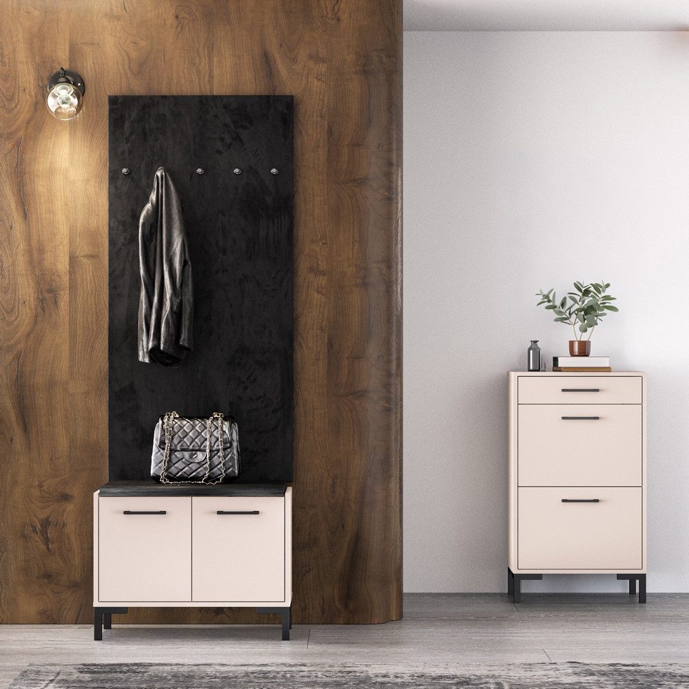 Lomadox Garderoben-Set OLHAO-131, (Spar-Set, 3-St., Paneel Schuhbank Schuhschrank), in Kaschmir Beige, schwarze Velours-Posterung, modern