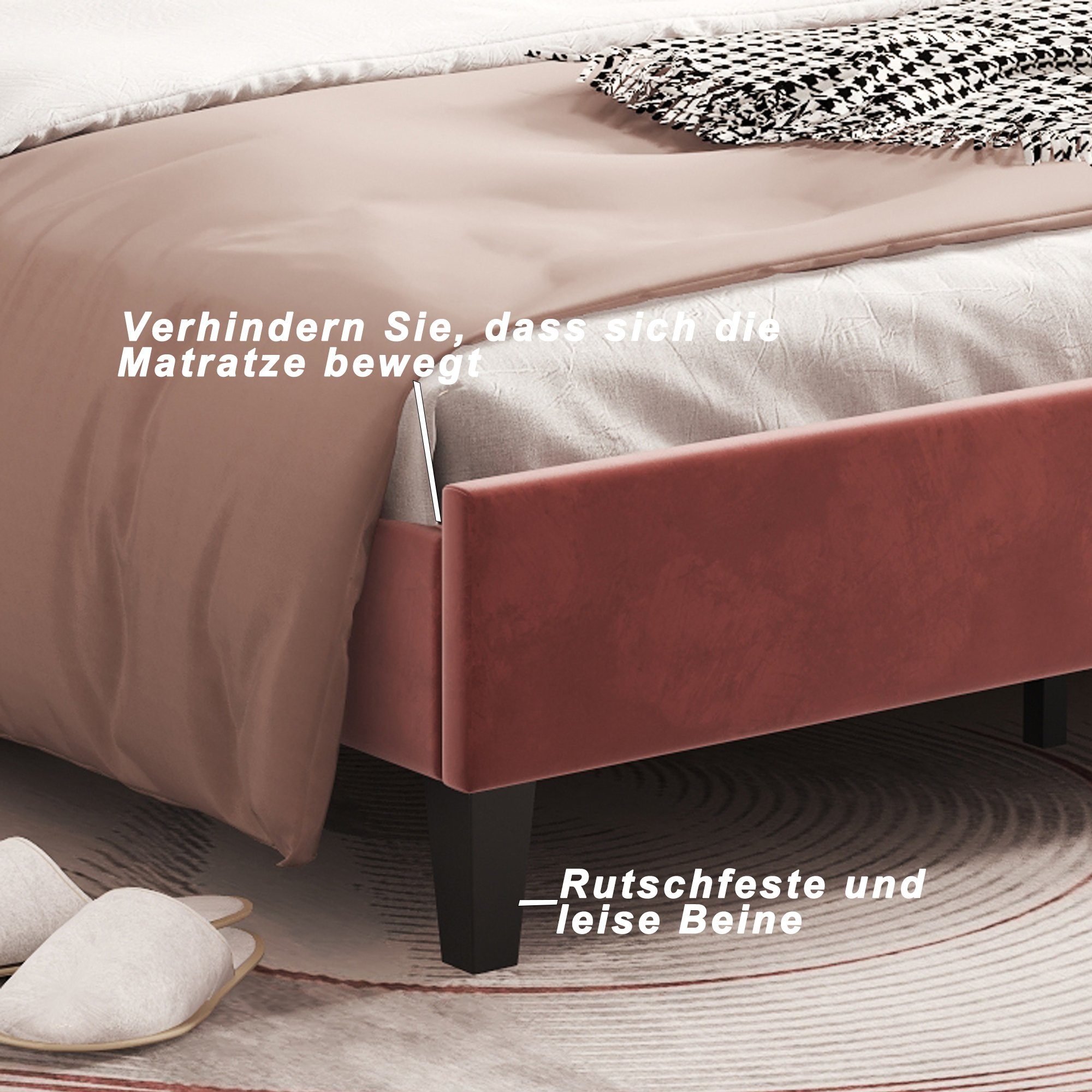 x cm Ohne Kopfteil blumenförmigem mit Matratze rot Gästebett, (Samtstoff, 140 Doppelbett Lattenrost), Polsterbett Bett 200 und OKWISH