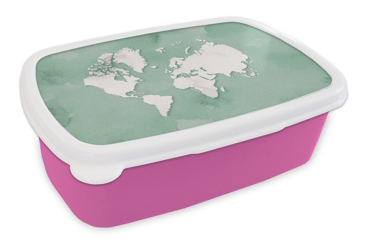 MuchoWow Lunchbox Weltkarte - Grün - Aquarell, Kunststoff, (2-tlg), Brotbox für Erwachsene, Brotdose Kinder, Snackbox, Mädchen, Kunststoff rosa