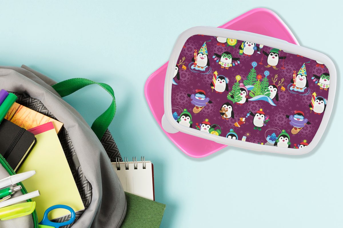 MuchoWow Lunchbox Pinguin - Feuerwerk Winter Snackbox, Kinder, Erwachsene, - Kunststoff, Brotdose - rosa für Kunststoff (2-tlg), Design, - Brotbox Weihnachten Mädchen