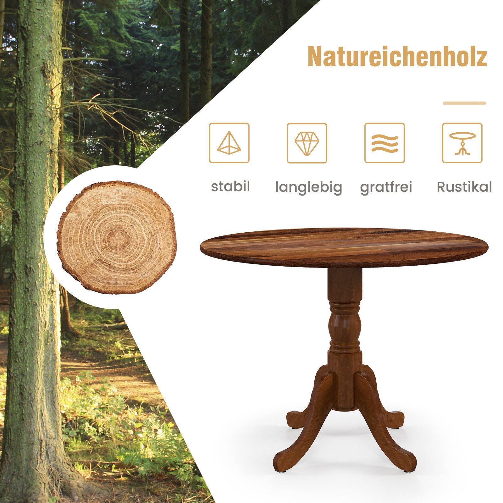 COSTWAY Esstisch, runder Küchentisch aus Massivholz, 100 x 73 cm