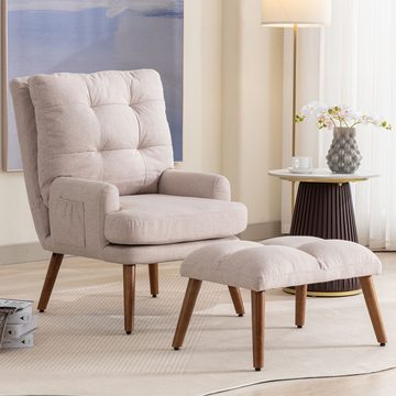 IDEASY Gartensessel Sessel-Loungesessel mit Fußstütze, verstellbarer Rückenlehne, (Loungesessel mit Hocker), gepolstert, Holzbeinen, Seitentaschen zur Aufbewahrung