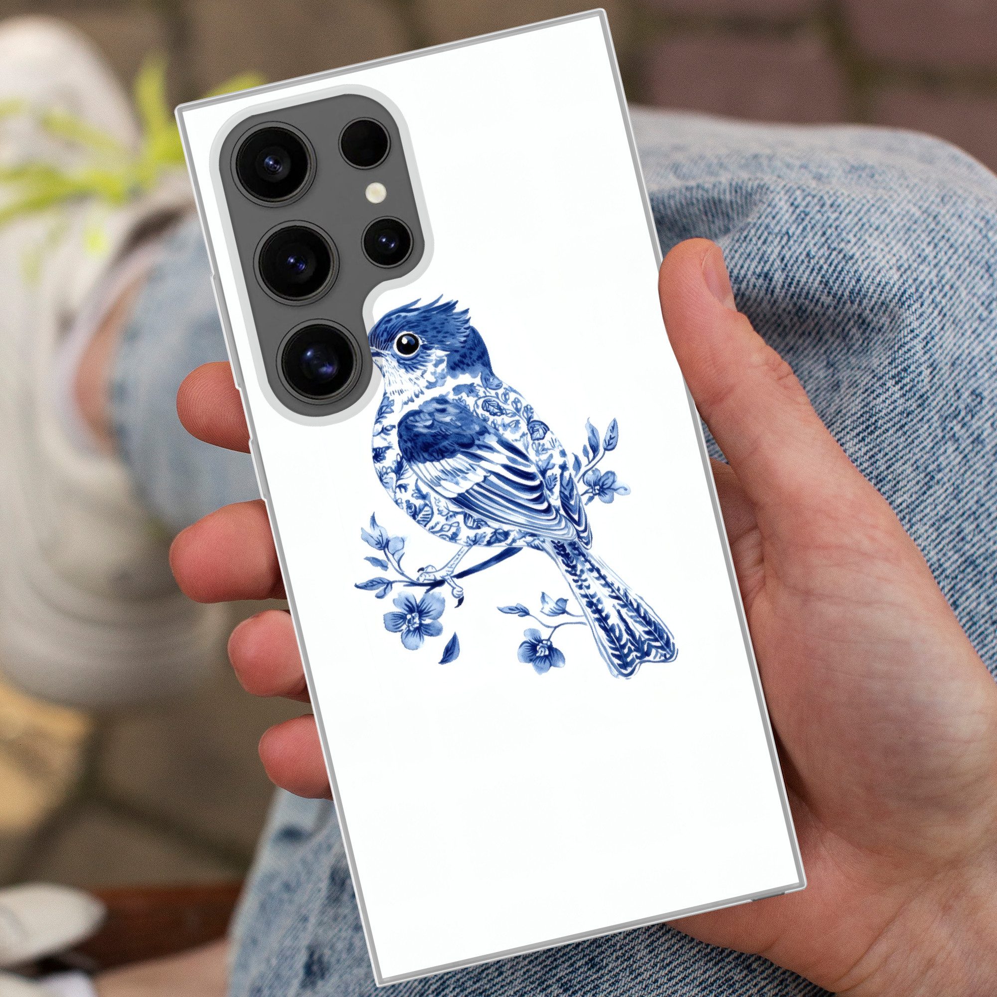 MuchoWow Handyhülle für Samsung Galaxy S24 Ultra Vogel - Delfter Blau - Illustration - Blu, Phone Case, Silikon, Schutzhülle Dünn