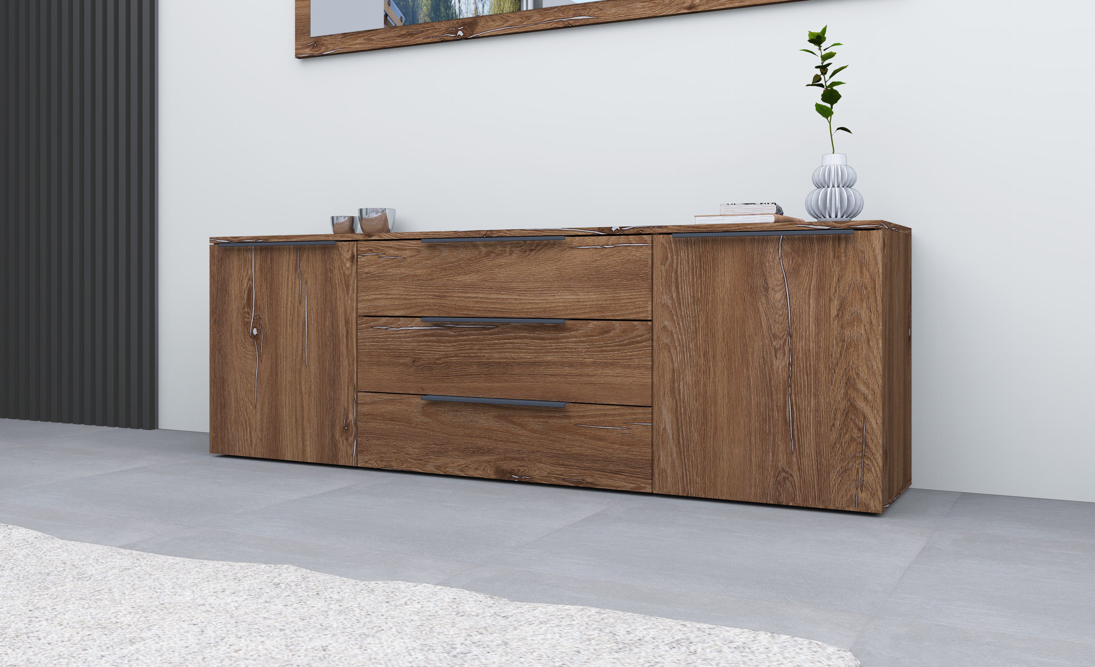 borchardt Möbel Sideboard Tom, Kommode Breite 166cm, hängend oder stehend mit Metallgriffen, 2 Türen 3 Schubkästen, verstellbare Einlegeböden
