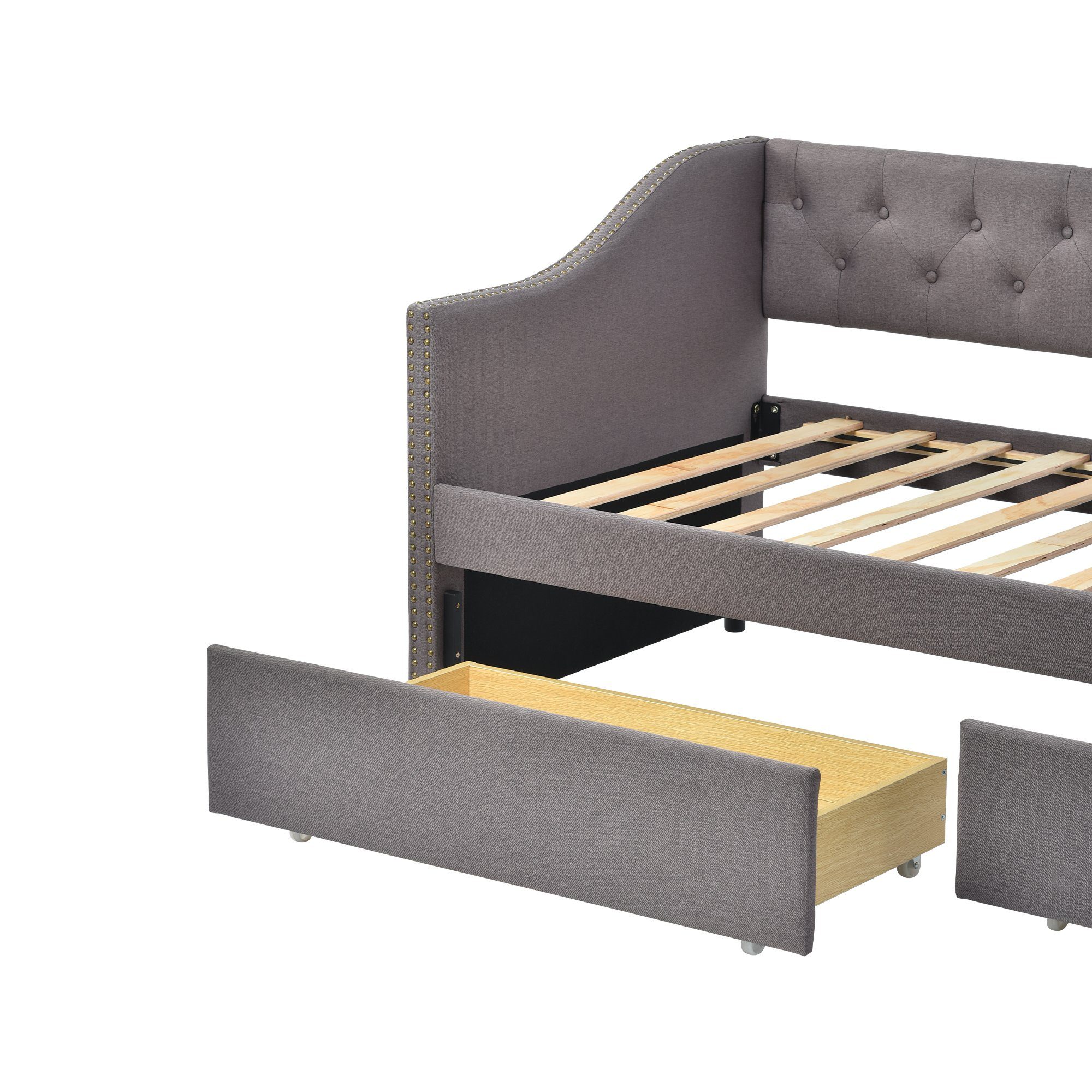 Daybett (Polsterbett mit Schubladen und Lattenrost), Kinderbett 90x200 cm Schlafsofa Gästebett Einzelbett, Leinen