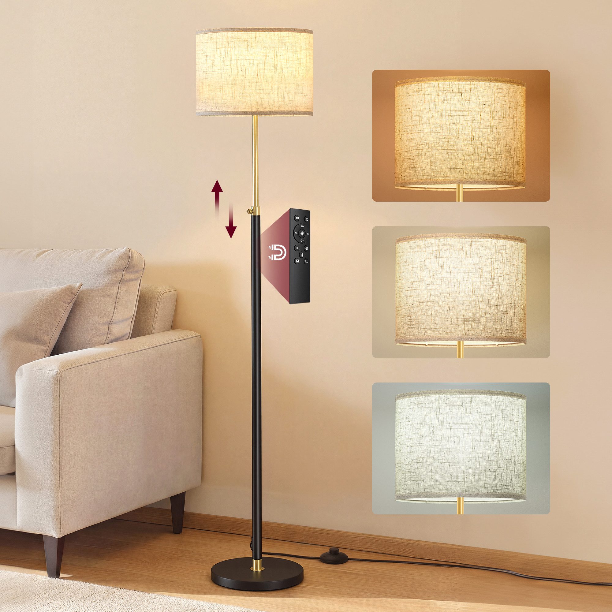 VASAGLE Stehlampe höhenverstellbare Leselampe, 140-170 cm hoch, mit Fernbedienung, Memory-Funktion, Fußtaster, Lampenschirm aus Stoff