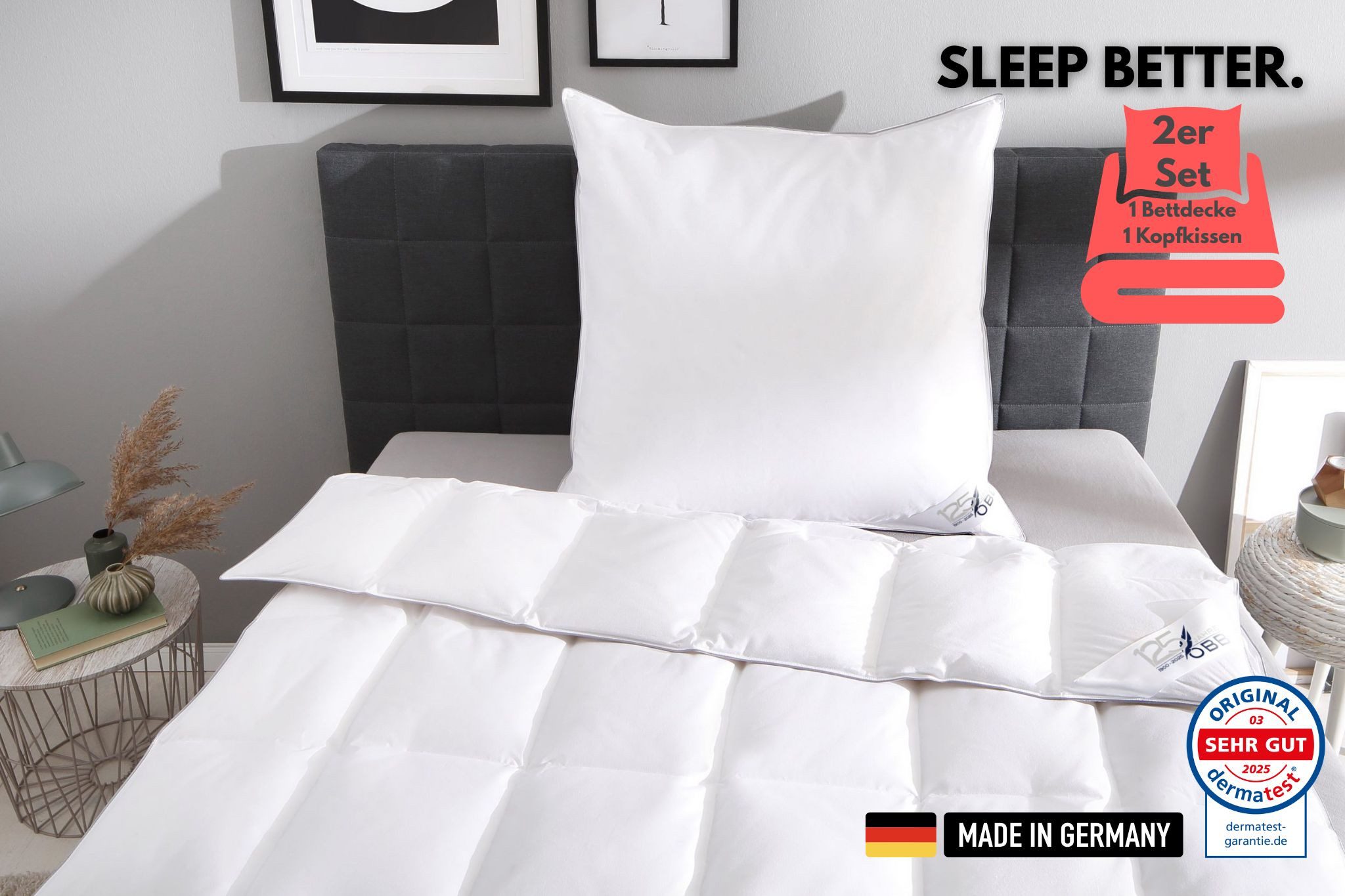 OBB Daunenbettdecke + Kopfkissen Edition 125 Jahre, Bettendeckenset 2teilig, für Sommer oder Winter, Füllung: Bettdecke: 90% Daunen, 10% Federn, Kopfkissen: 90% Federn, 10% Daunen, Bezug: 100% Baumwolle, Decke mit Kissen 135x200 oder 155x220 cm, Made in Germany