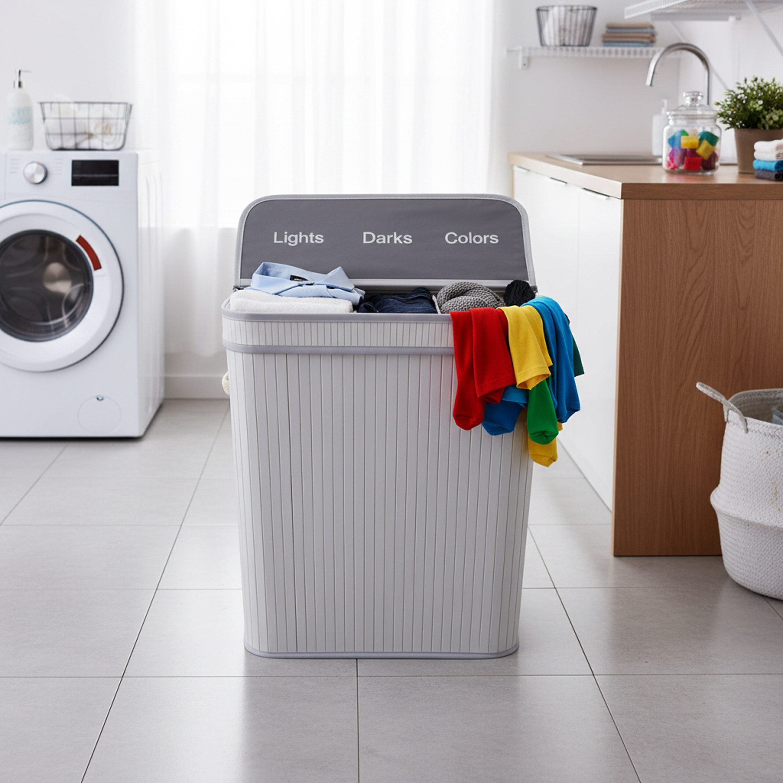 relaxdays Wäschekorb Bambus Wäschekorb mit 3 Fächern, weiß günstig online kaufen