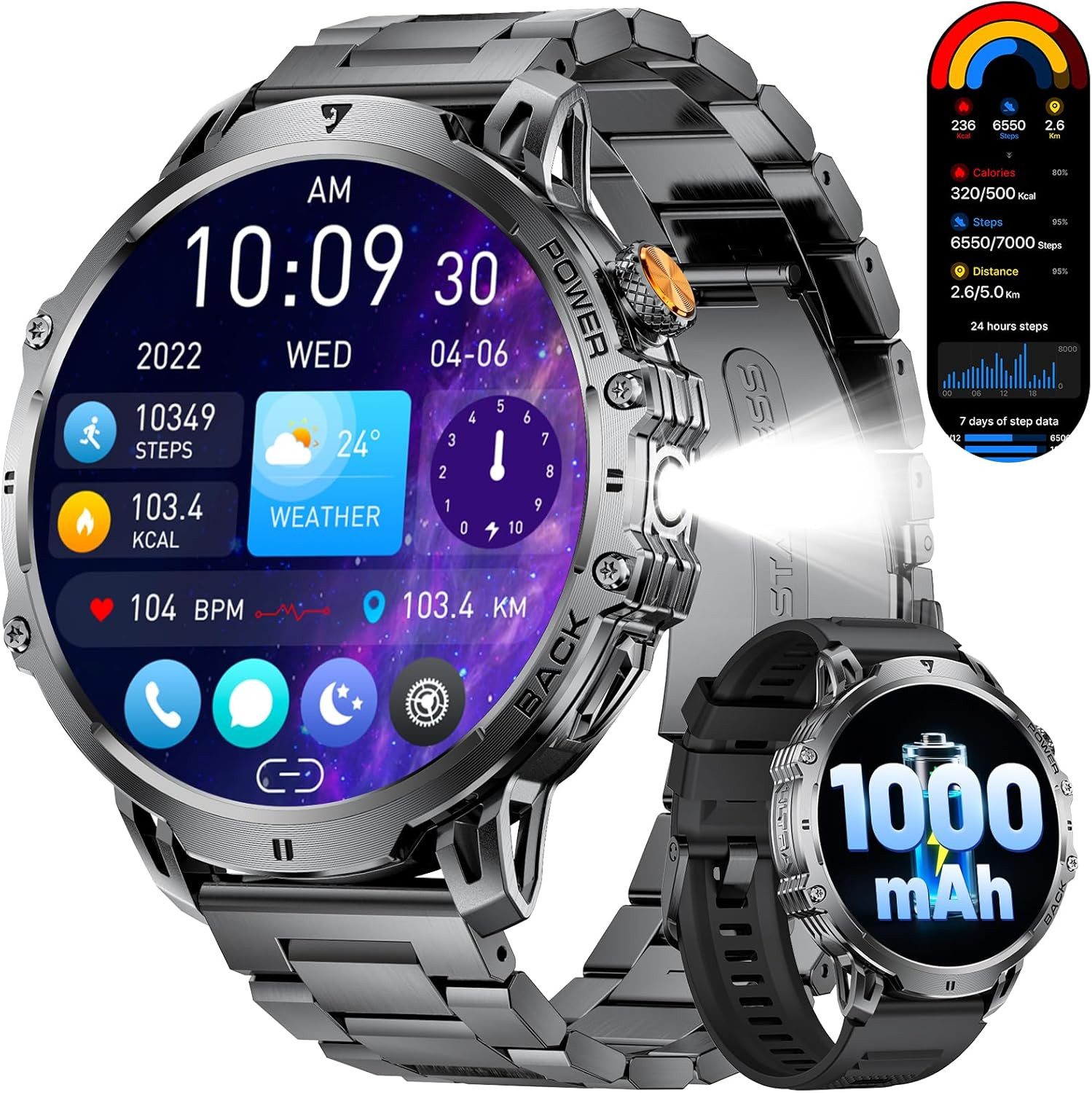 Lige Herren"s Militär Design; mit LED-Licht, Bluetooth-Anrufe, IP68 Smartwatch (4,6 cm, Android iOS), Robustes Touchscreen Gerät mit 110 Sportmodi und Mega Akku