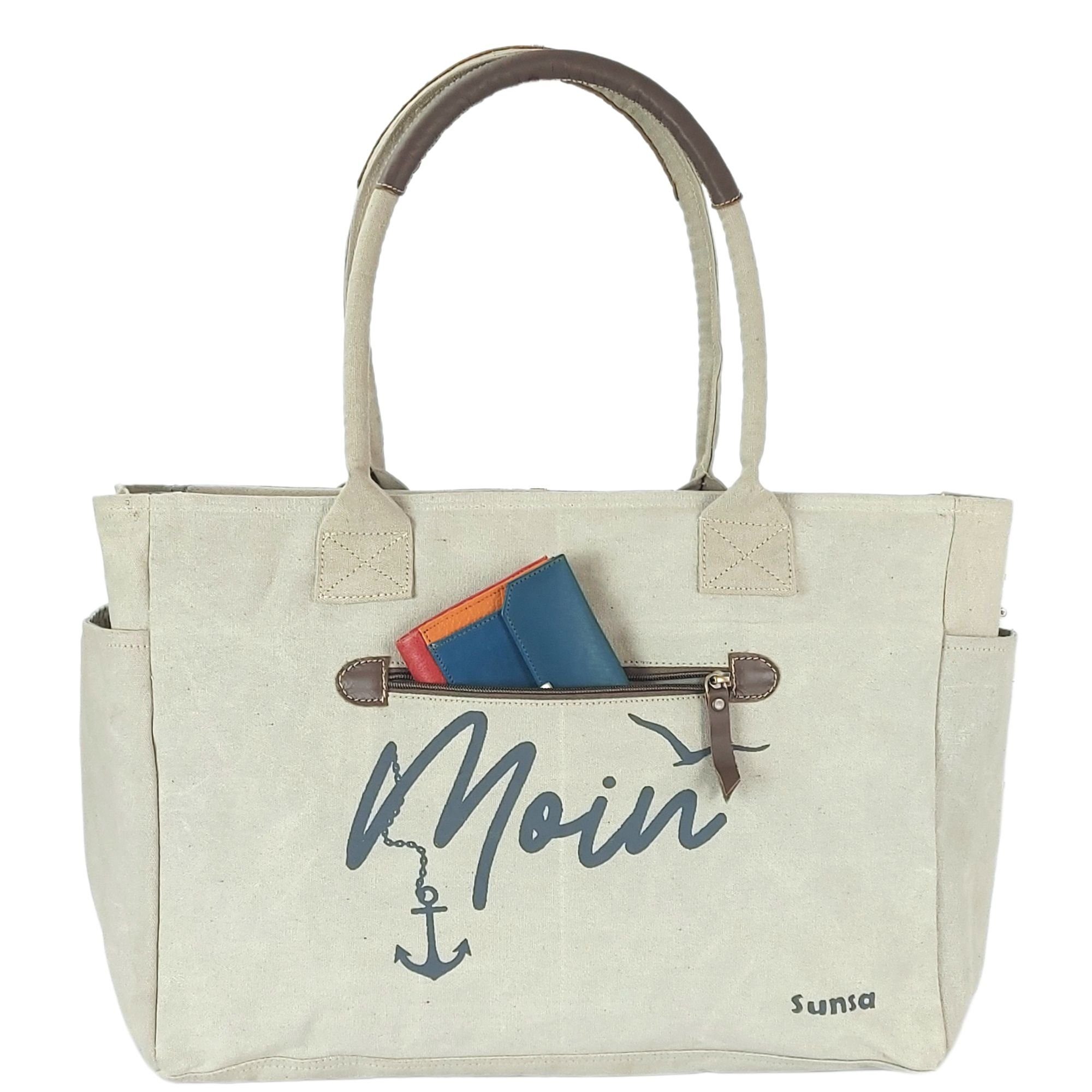Sunsa Handtasche XXL Damen Tasche aus Canvas & Leder. Strandtasche, Maritim Vintage Aufdruck