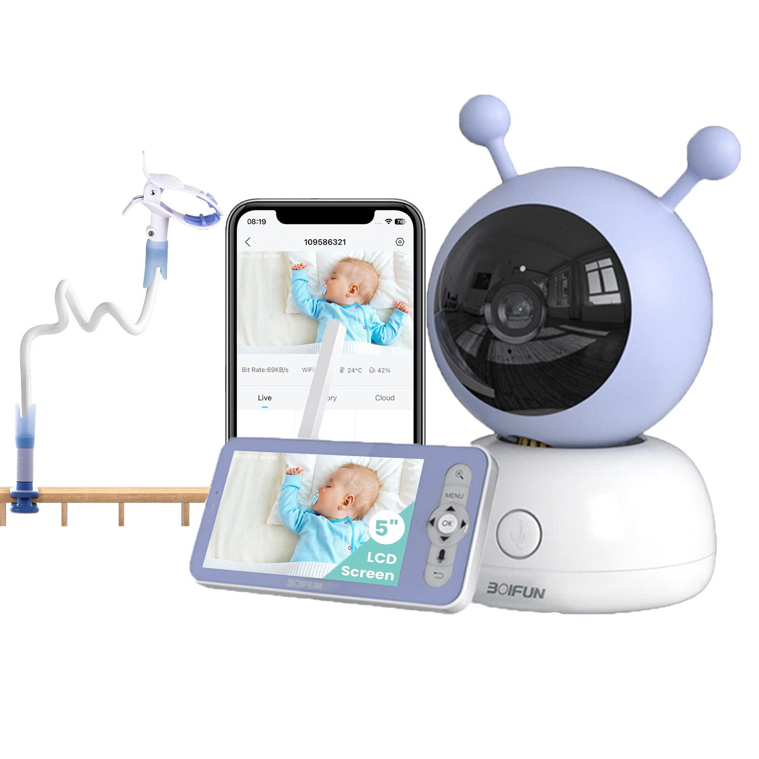 Babyphone 5 Zoll Babyphone mit Kamera und APP WLAN Video Babyfon mit Halter