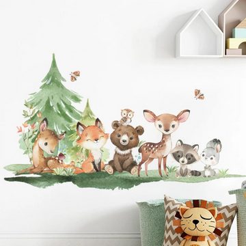 Montegoni Wandsticker Kinder Tier Wandaufkleber Dekoration (Wandtattoo mit Waldtieren für Kinderzimmer, Braunbär Hirsch Hase Tier mit Baum, Wandaufkleber), wasserdichte,abnehmbare