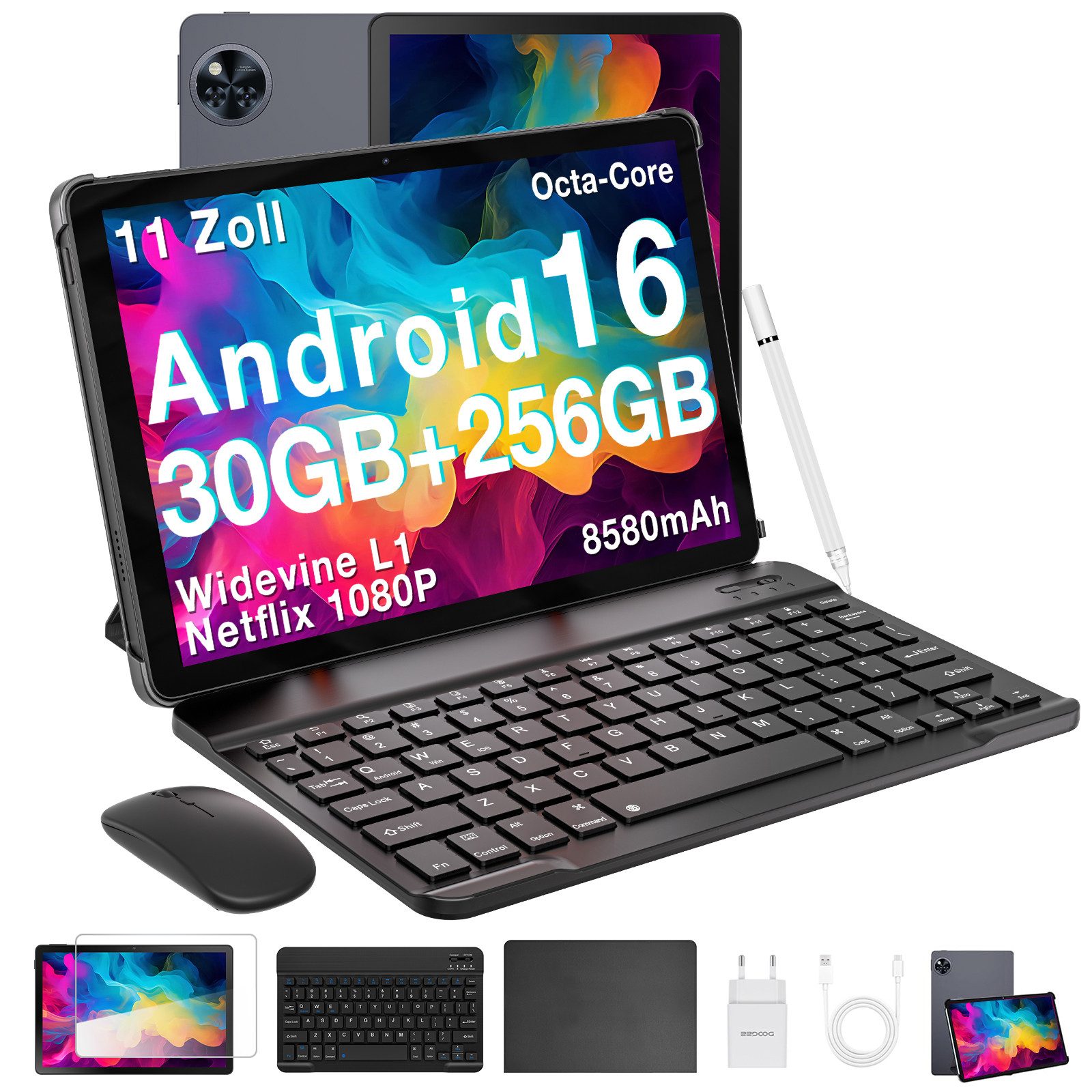 DOOGEE U11 Pro Android 16 Tablet mit Tastatur, Stift, Maus, Hülle, 11 Zoll Tablet (11", 256 GB, Android 16, WIFI, 8580mAh, 90Hz, 13MP+5MP, 5G WiFi/Widevine L1/ GPS/Face ID/OTG)