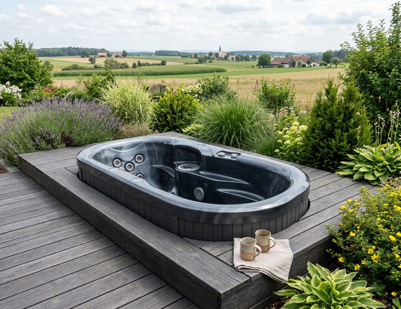 SPA Kompagniet Whirlpool Scandinavic Wood Art "Hiddensee" Outdoor Whirlpool 2P kompakt 210×110, Aufstellbecken, (Komplett mit Thermo-Cover, Filter und Innenbeleuchtung), Besonders kompakter Whirlpool für 2 Personen mit 13 Massagedüsen