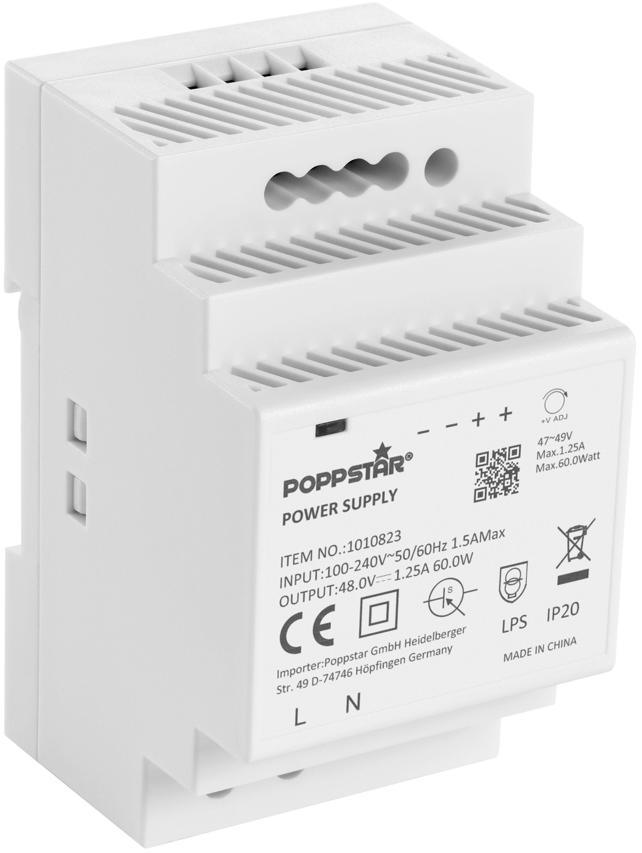 Poppstar DIN Rail Netzteil 48V DC 1,25A 60W Hutschienen-Netzteil (Klingeltrafo 48 V mit Kontroll-LED und Überlastschutz)