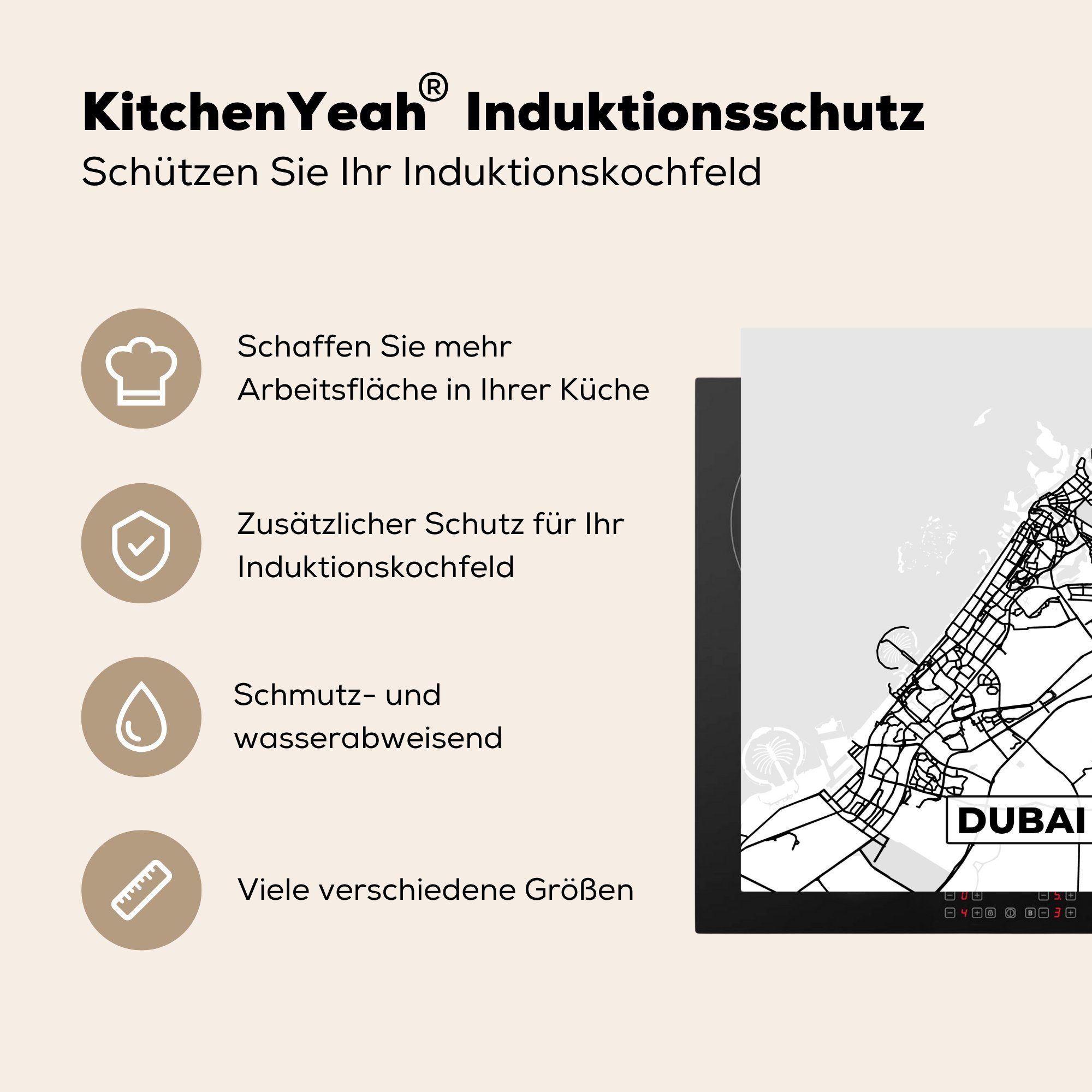 MuchoWow Herdblende-/Abdeckplatte Karte - Dubai - und für Arbeitsplatte (1 Schwarz küche tlg), Vinyl, Ceranfeldabdeckung, Stadtplan 78x78 - Karte, weiß cm, 