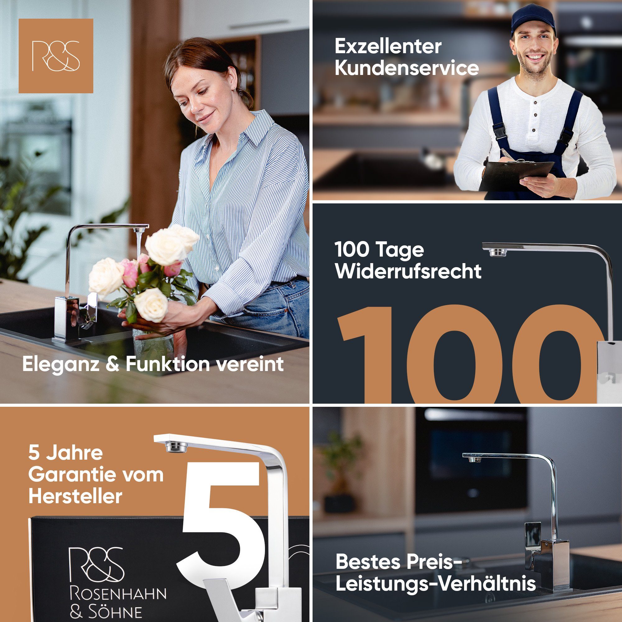 Söhne Küchenarmatur 100 langlebige drehbar, anlaufbeständig Juist Rosenhahn & 360° Keramikkartusche, bleifrei,
