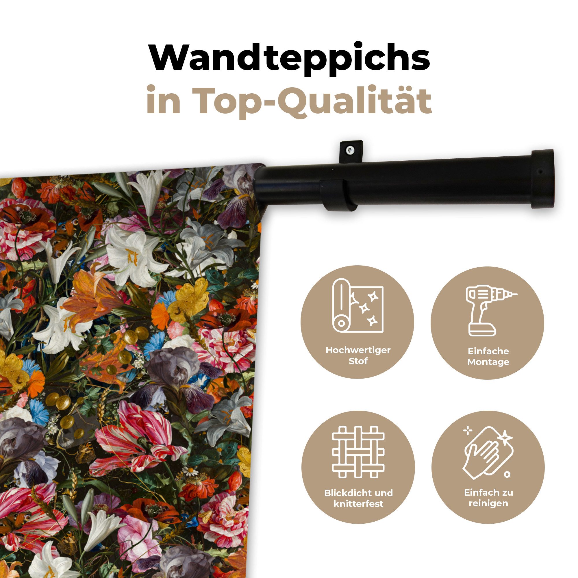 MuchoWow Wandteppich Blumen - Schmetterling - Design - Kunst - Abstrakt - Malerei - Alte Me, Quadratisch, Höhe: 3 mm, Wand Teppich, Deko für an den Wand, 60x60 cm