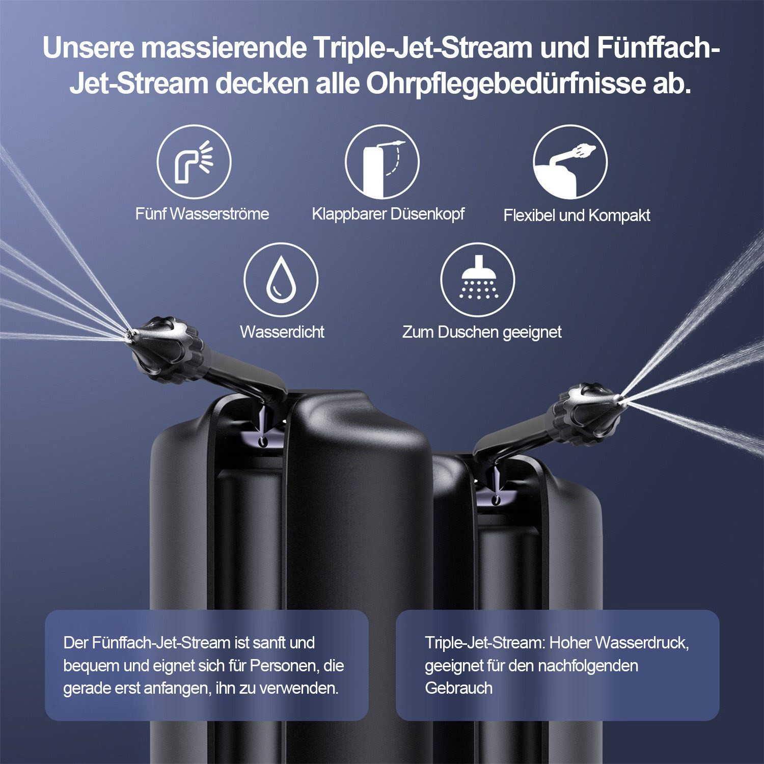 MOPUEA Ohrenreiniger Elektrischer Ohrreiniger mit 4 Modi & Zubehör für sanfte Spülung, Ohrreiniger Set, Elektrischer Ohrreiniger Mit Düsen Becken Und Ladekabel, 4 Reinigungsmodi IPX5 Wasserdicht 2000mAh Akku Sanft