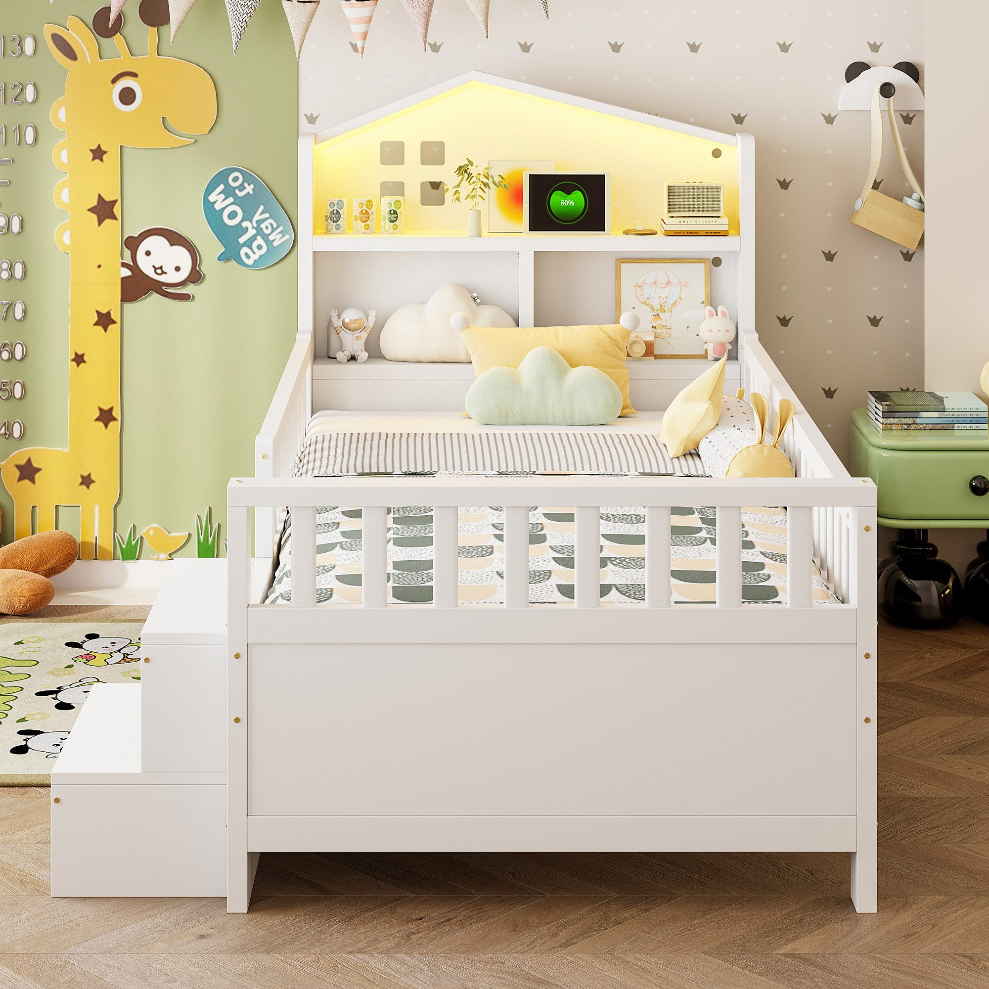 Flieks Kinderbett, Halbhochbett Hausbett 90x200cm mit Schubladen und USB/Typ-C