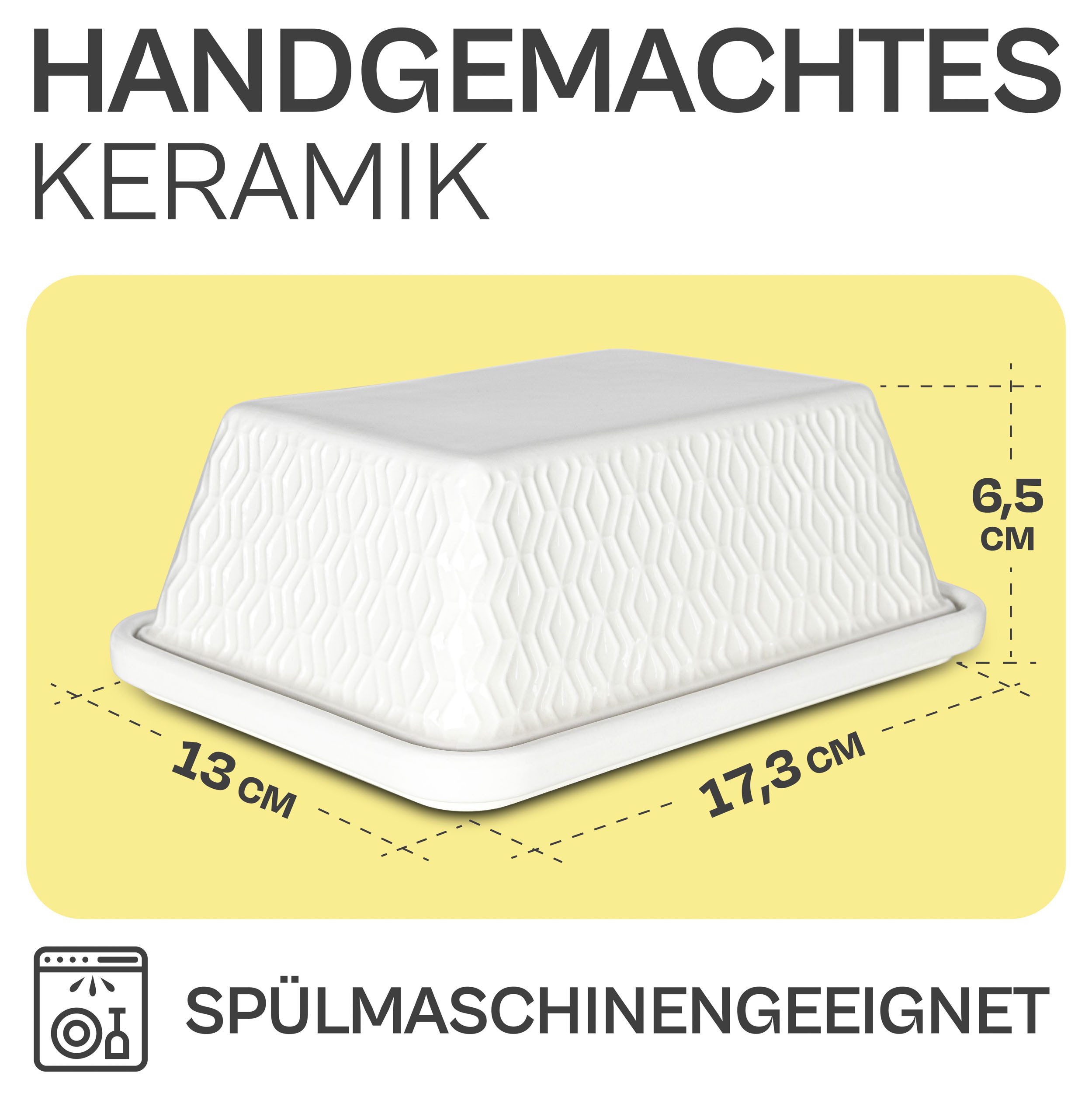 Praknu Butterdose Butterdose Keramik Weiß für alle gängigen Butter (250g) - Hält Butter, Keramik, (Packung, 1-tlg), Hält Butter länger frisch - Spülmaschinengeeignet
