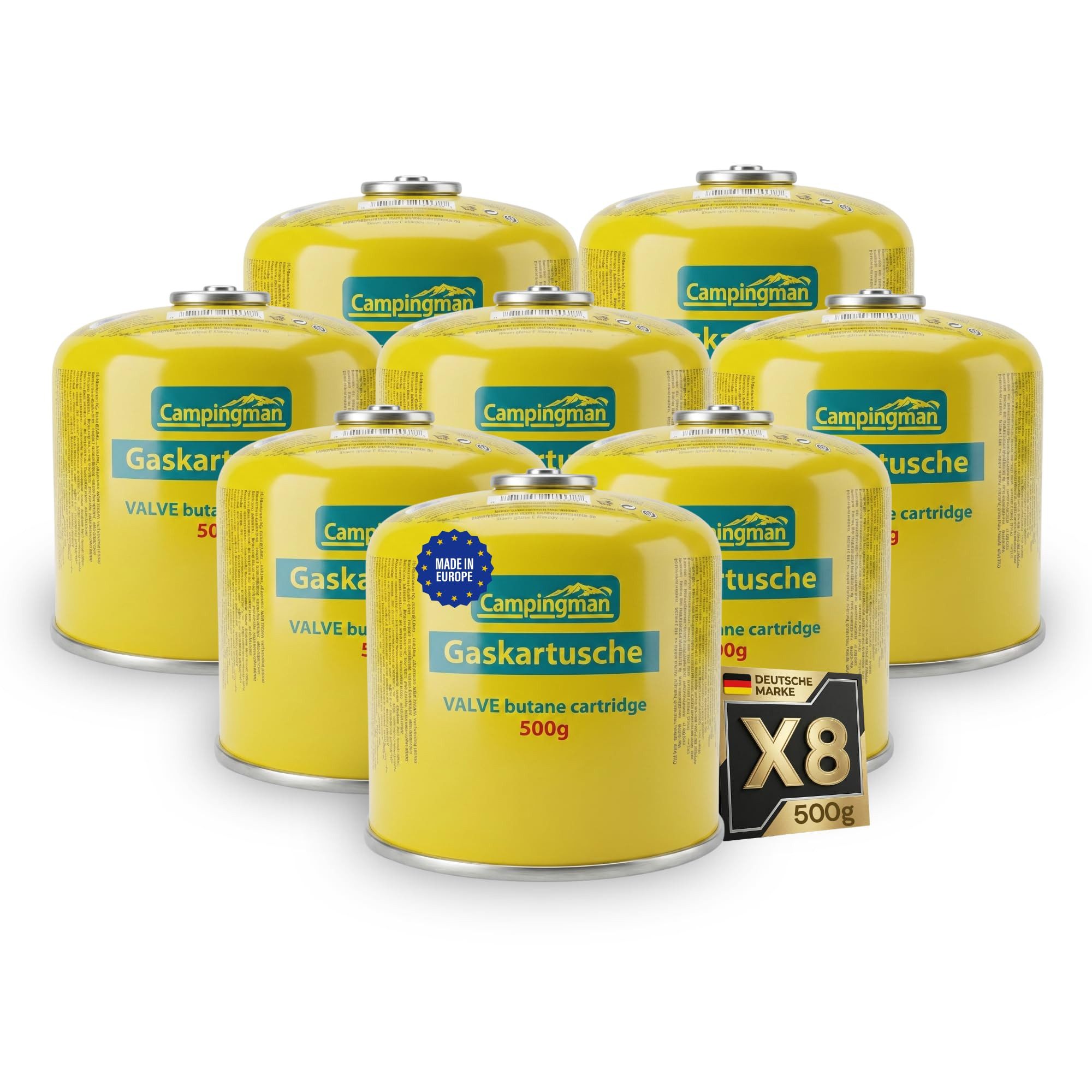 Campingman Gaskartusche Gaskartusche 500 g 8er-Set, EN 417 Schraubgewinde, Universell kompatibel