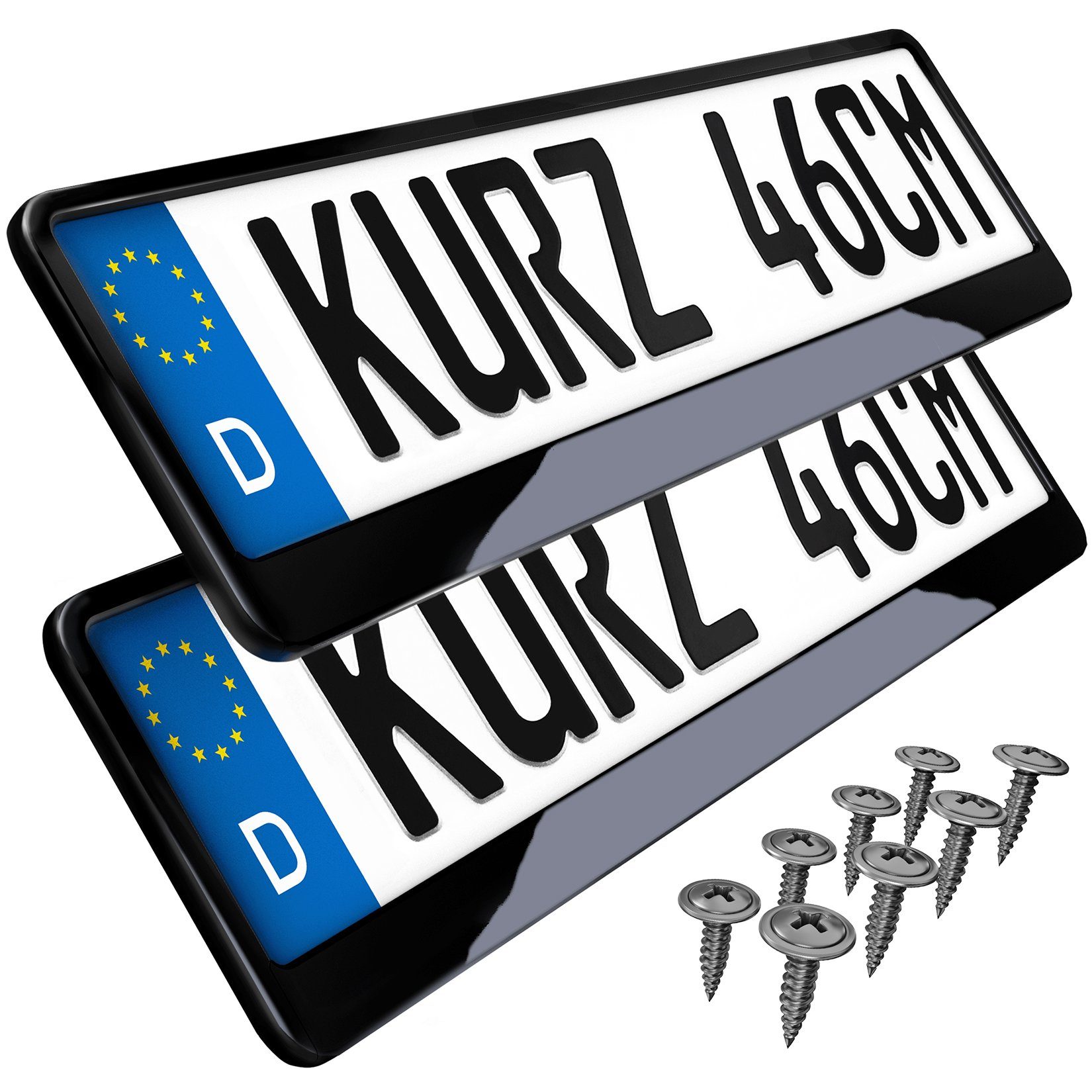 L & P Car Design Kennzeichenhalter für Auto 46 cm in schwarz Hochglanz für kurze Kennzeichen, (2 Stück)