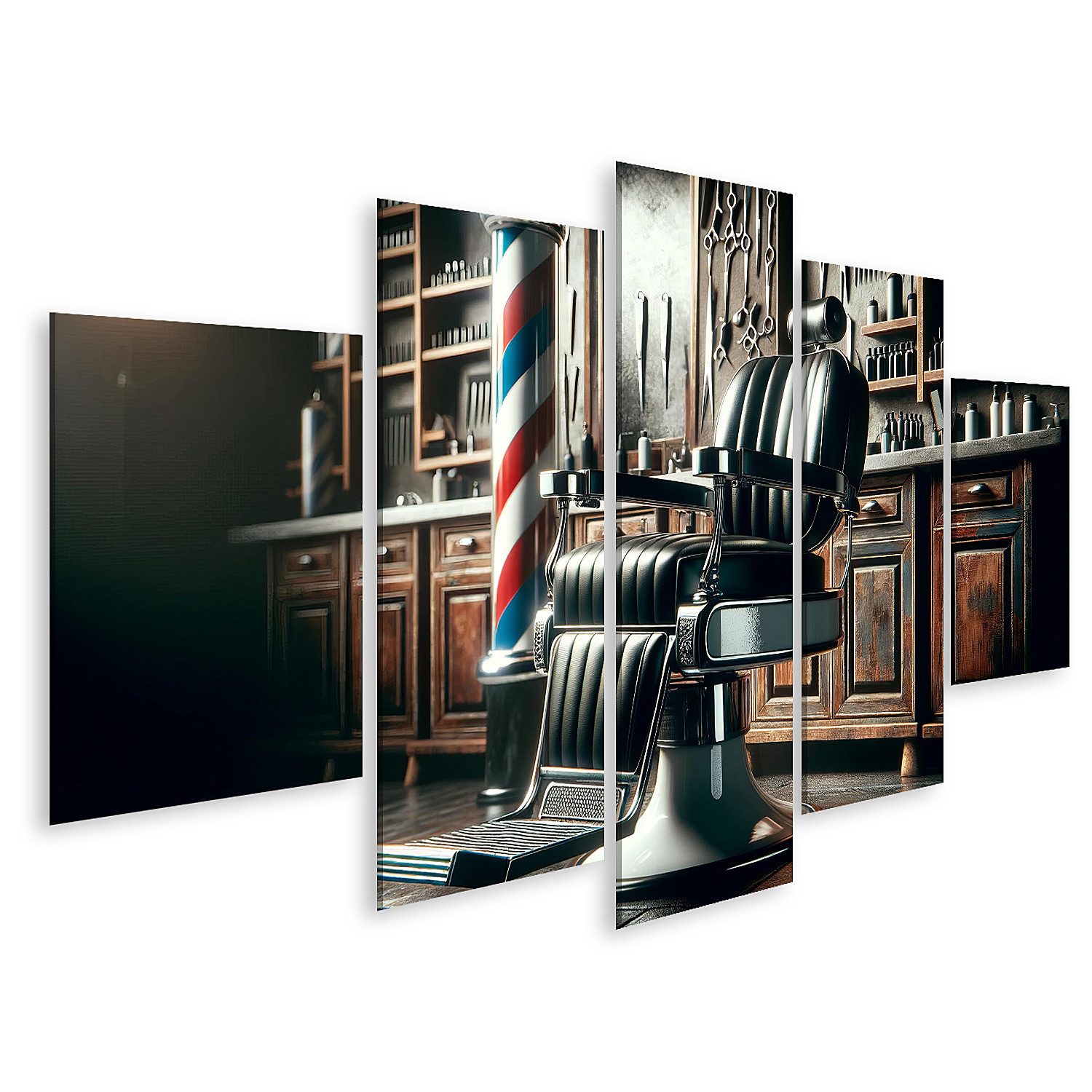 Leinwandbild Klassischer Friseurstuhl in stimmungsvollem Barbershop
