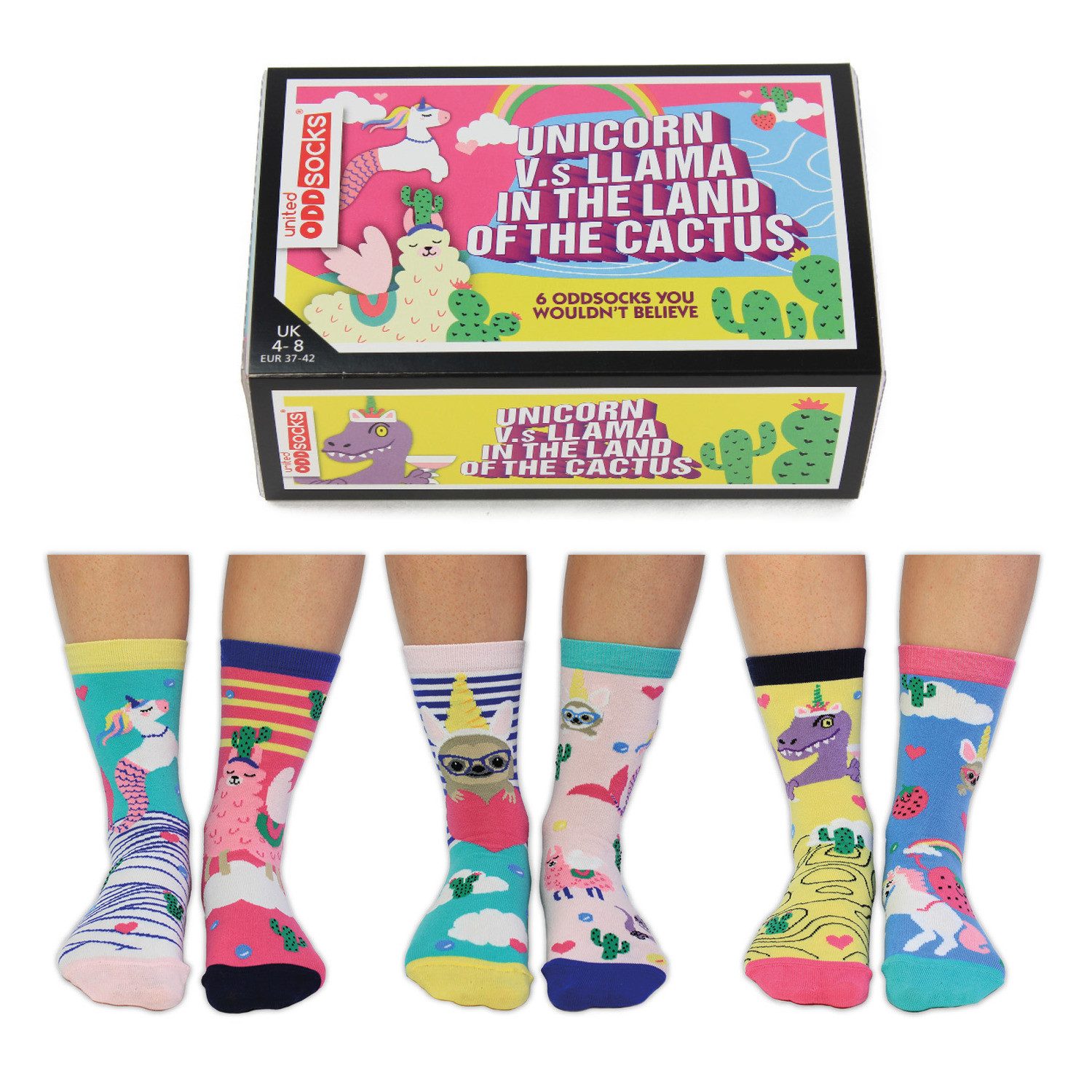 Freizeitsocken Einhorn vs. Lama im Kaktusland Oddsocks Socken in 37-42 im 6er Set