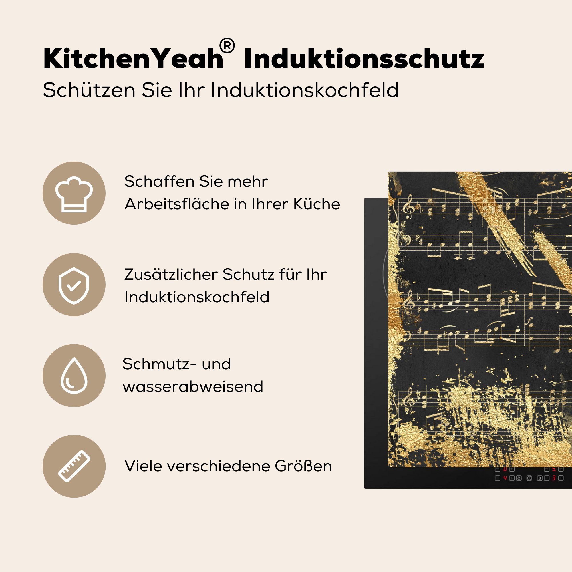 MuchoWow Herdblende-/Abdeckplatte Musik - küche, Schutz Induktionskochfeld cm, die Vinyl, Gold - tlg), (1 Ceranfeldabdeckung für Schwarz, 81x52