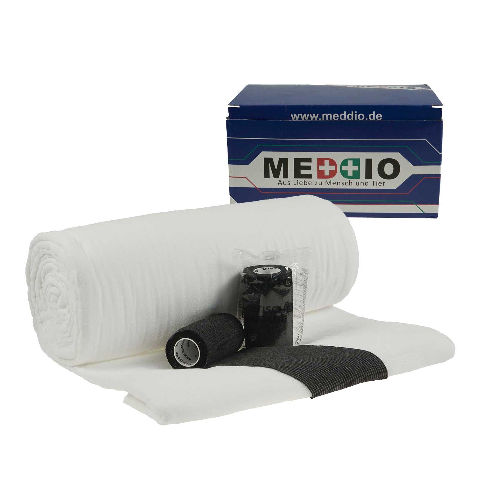 Pferdebandage Bandagierwatte Verbandwatte 40cm + 12 Haftbandagen 10cm schwarz