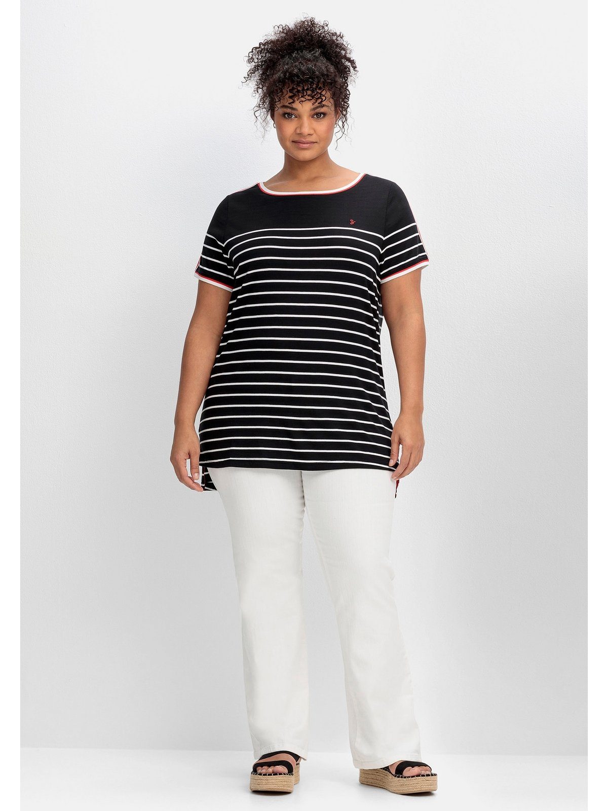 Sheego T-Shirt Schulter auf Größen schwarz Große gemustert Zierband der mit