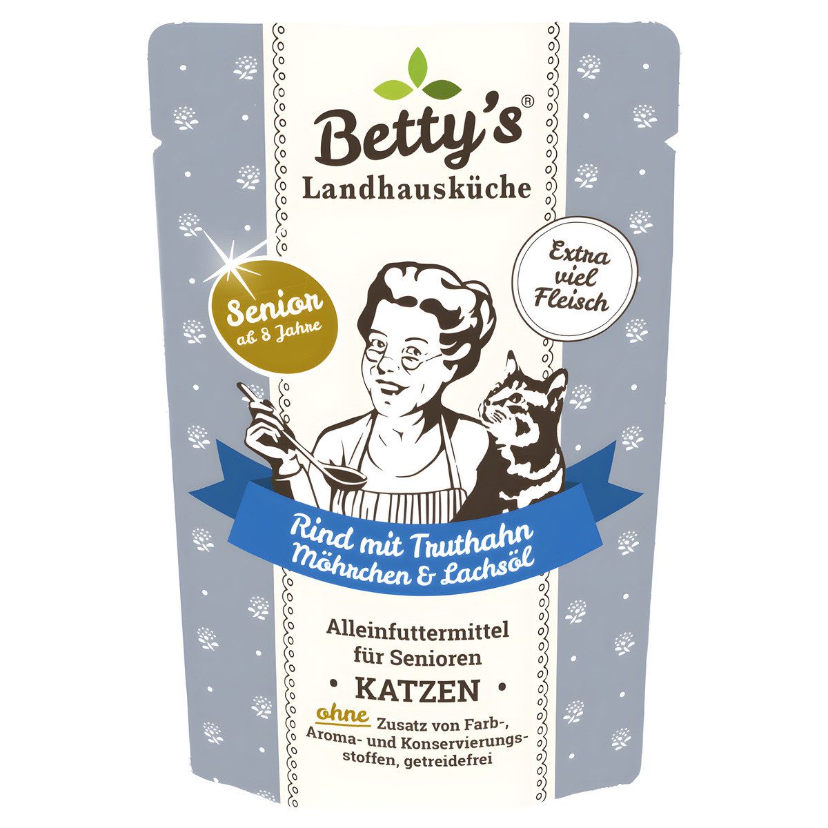 Bettys Landhausküche Senior Rind mit Truthahn, Möhrchen & Lachsöl 100 g - 12 Stück, Nassfutter für: Katze