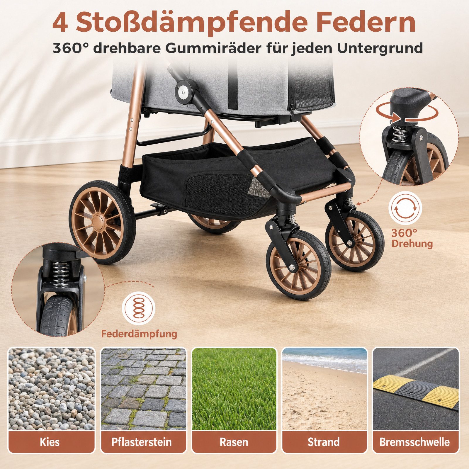 TLGREEN Hundebuggy 4-in-1 Großer Hundewagen, (Faltbar, 360° Gummiräder mit Schwingungsdämpfung), Katzenwagen – Bild 5 von 5