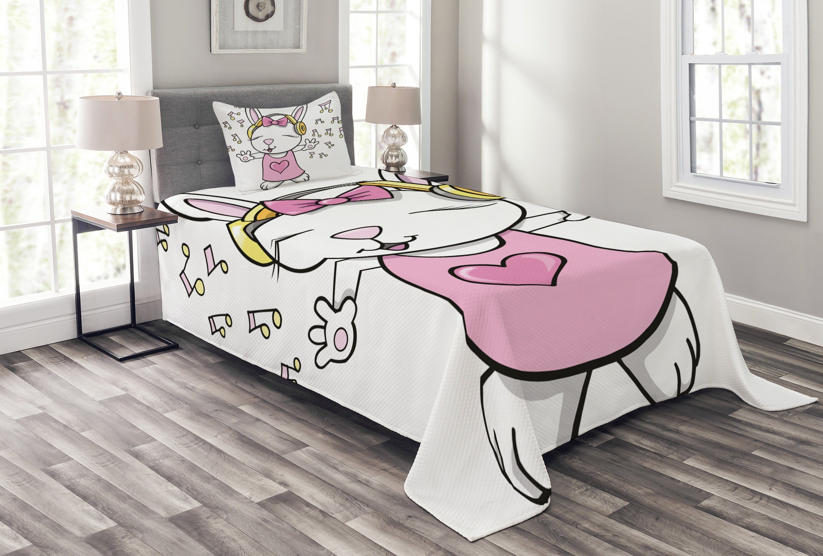 Abakuhaus, Cartoon-Rockstar-Häschen Set Hase Tagesdecke mit Waschbar, Kissenbezügen