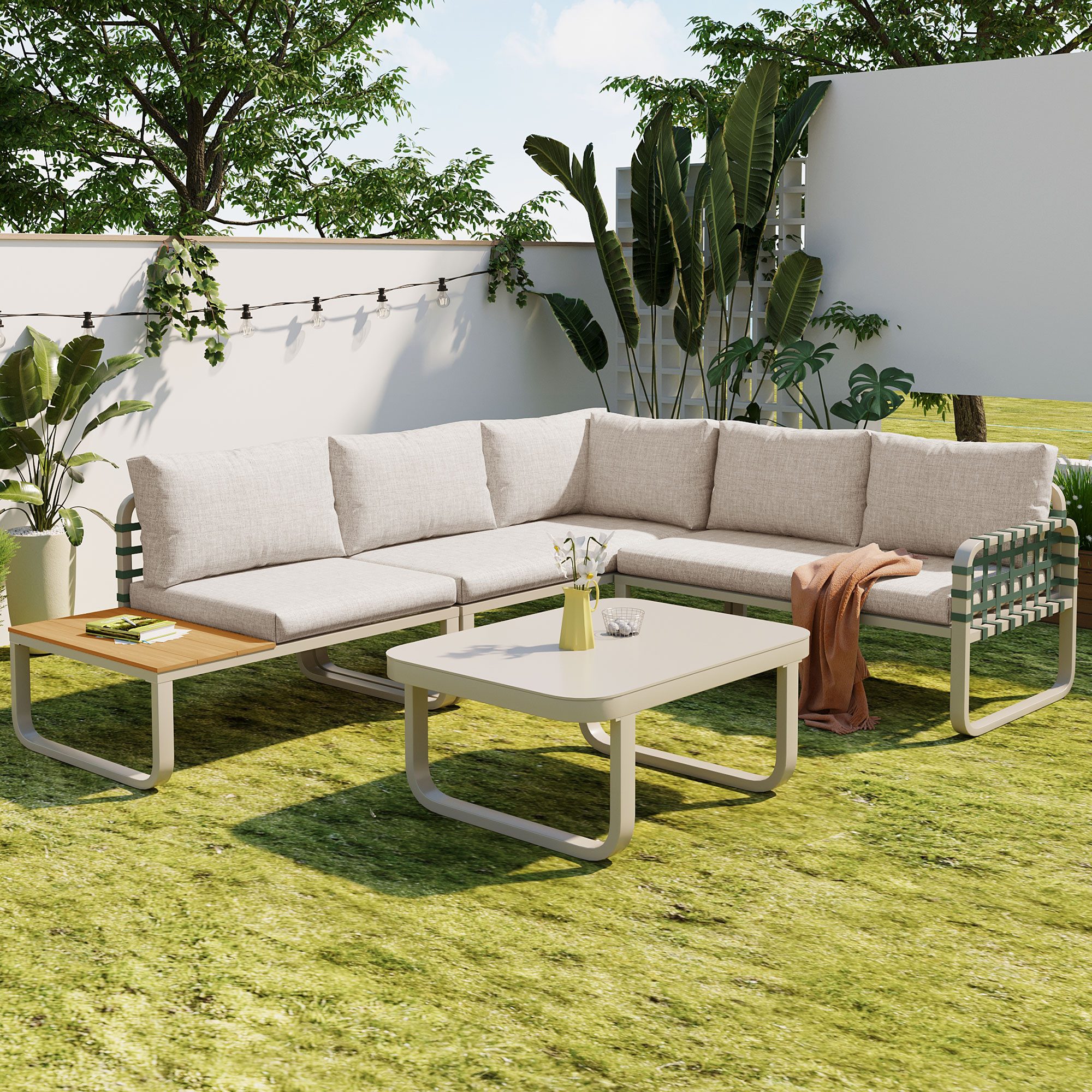 STILVORA Sofa mit Einzelsofa,Doppelsofa&2 Tische,Gartenmöbel-Set mit Kissen,Rattan, Garten Lounge Set (4-5 Sitzer) – Grünes Leder Rattan Sofa mit verstellbaren Füßen, wasserabweisenden Kissen & robustem Eisenrahmen für Terrasse, Balkon, Garten – Inkl. Couchtisch & Bequemen Sitzpolstern, Aprikose, mit Relaxfunktion