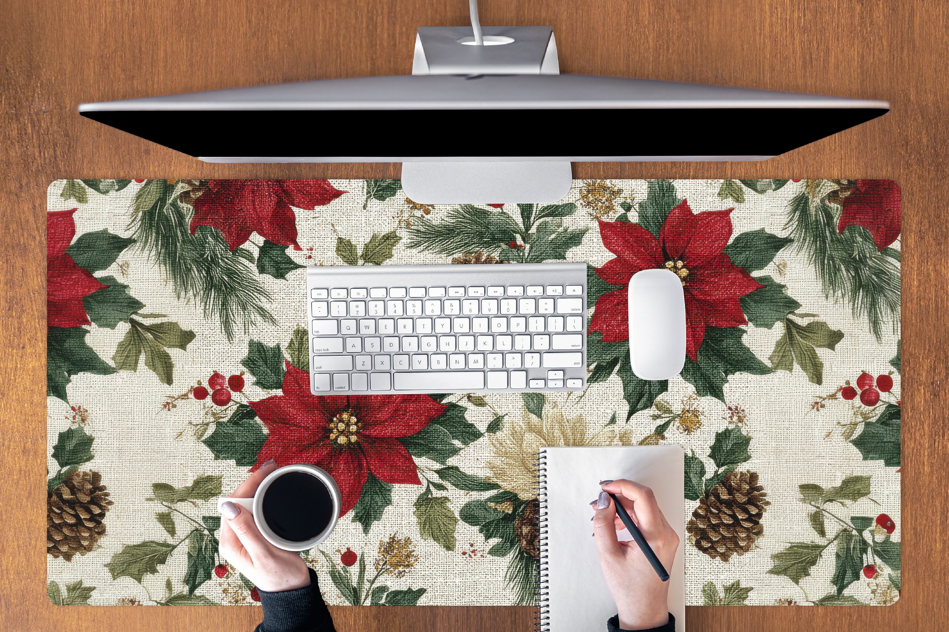 MuchoWow Mauspad Festlich - Textilmuster - Weihnachtsblumen - Farbenfroh (1-St), Mousepad mit Rutschfester Unterseite, Gaming XXL, Großes, 120x60 cm