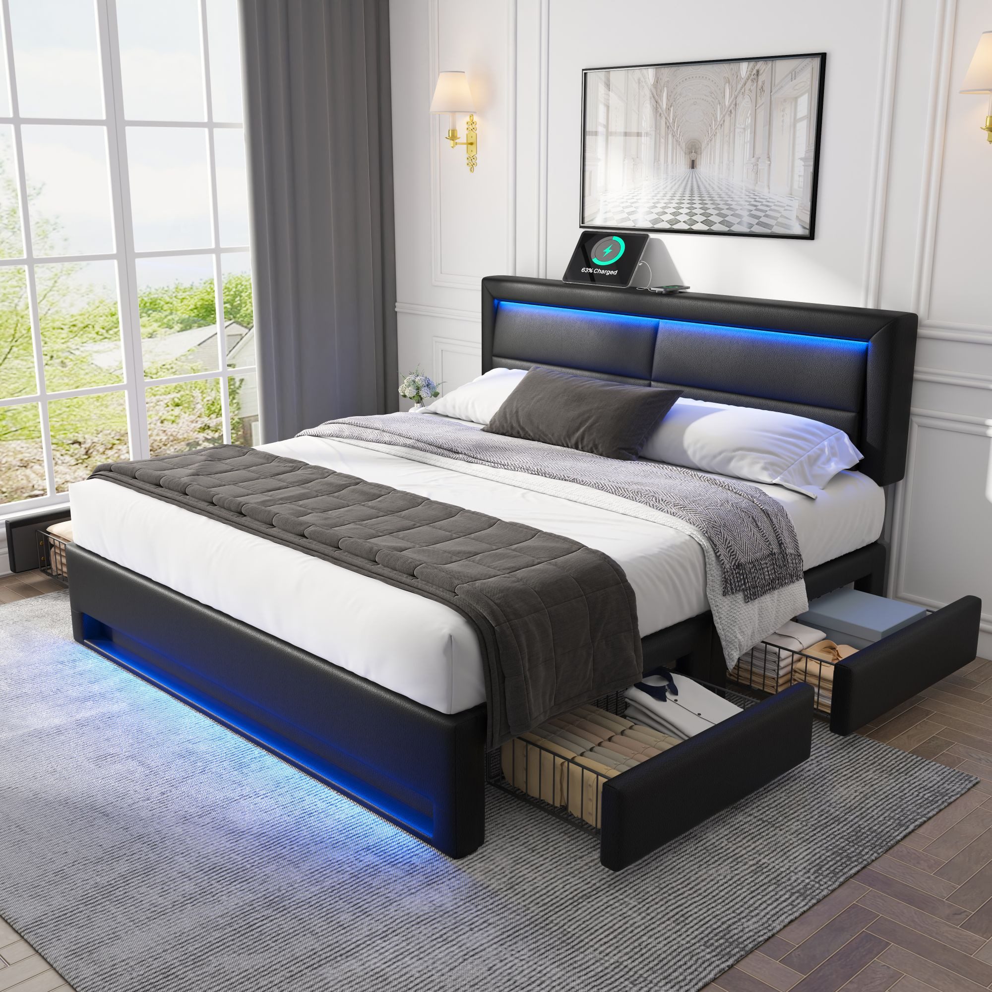 Flieks Polsterbett, LED Doppelbett 140x200cm mit USB-Anschluss und 4 Schubladen