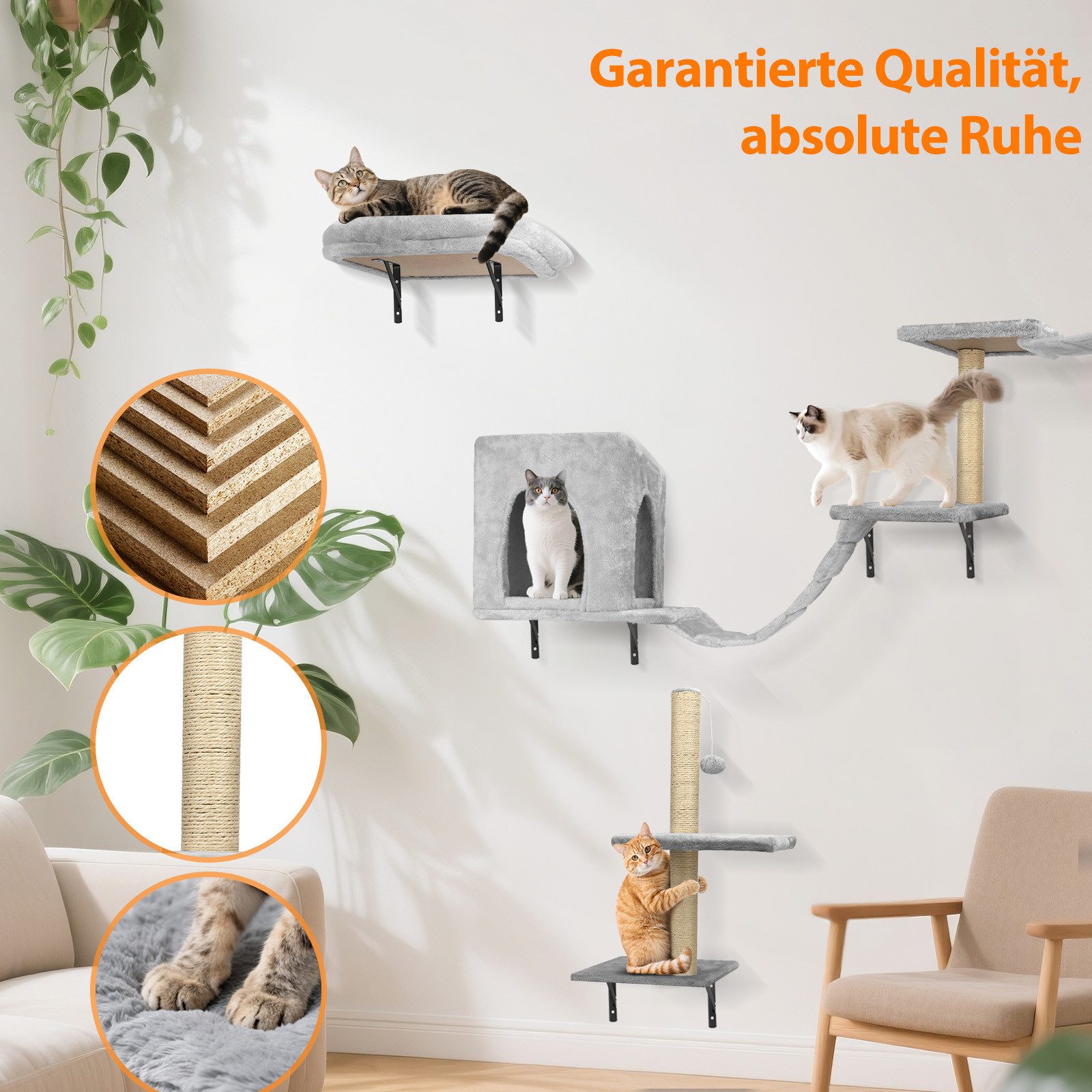 nobleza Kratzsäule Kletterwand Katzen 6 Set, Hängebrücke & festem Kratzbrett