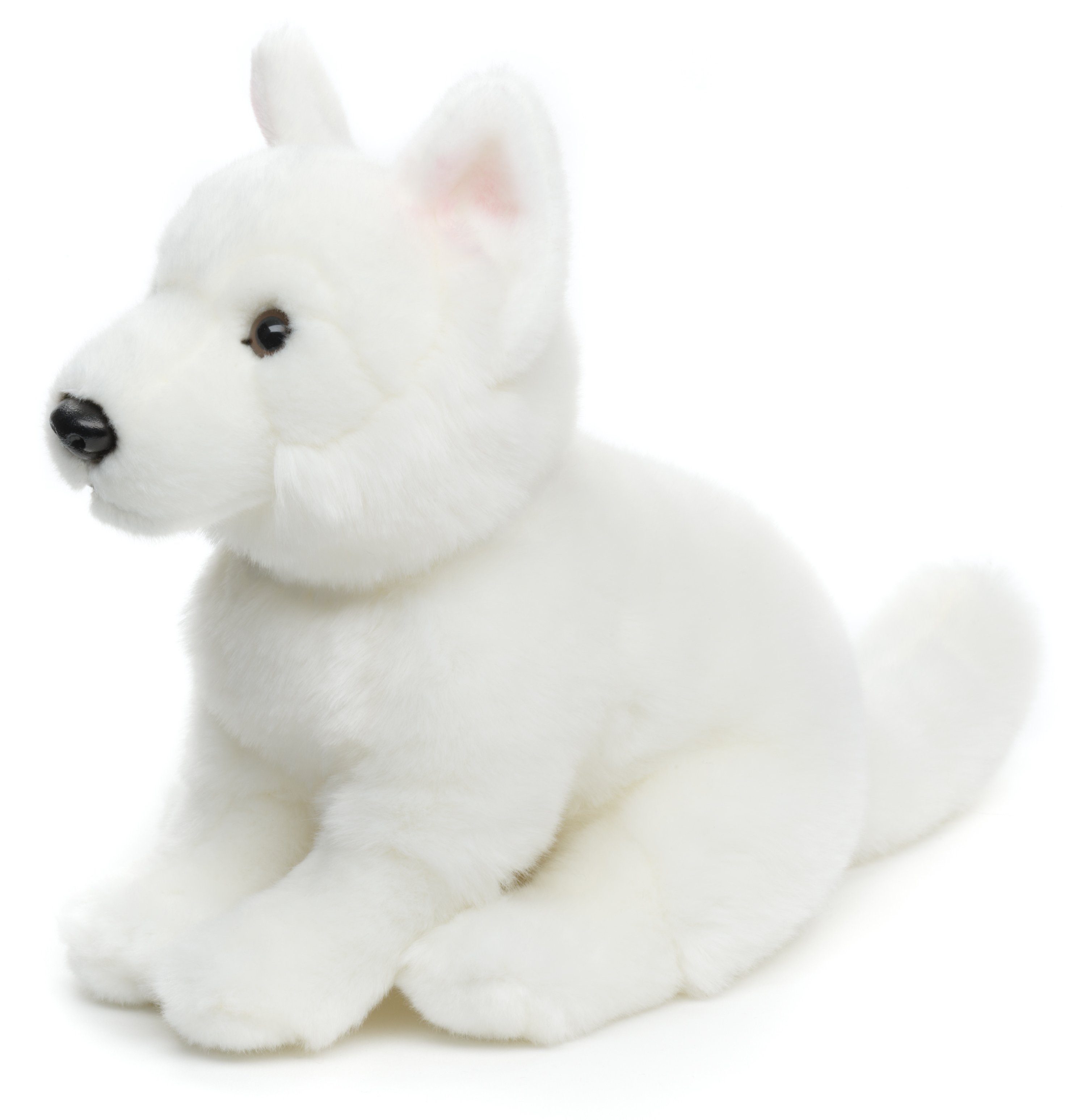 Uni-Toys Kuscheltier Weißer Schäferhund Welpe - m./o. Leine - 26 cm (Höhe) - Plüschtier, zu 100 % recyceltes Füllmaterial